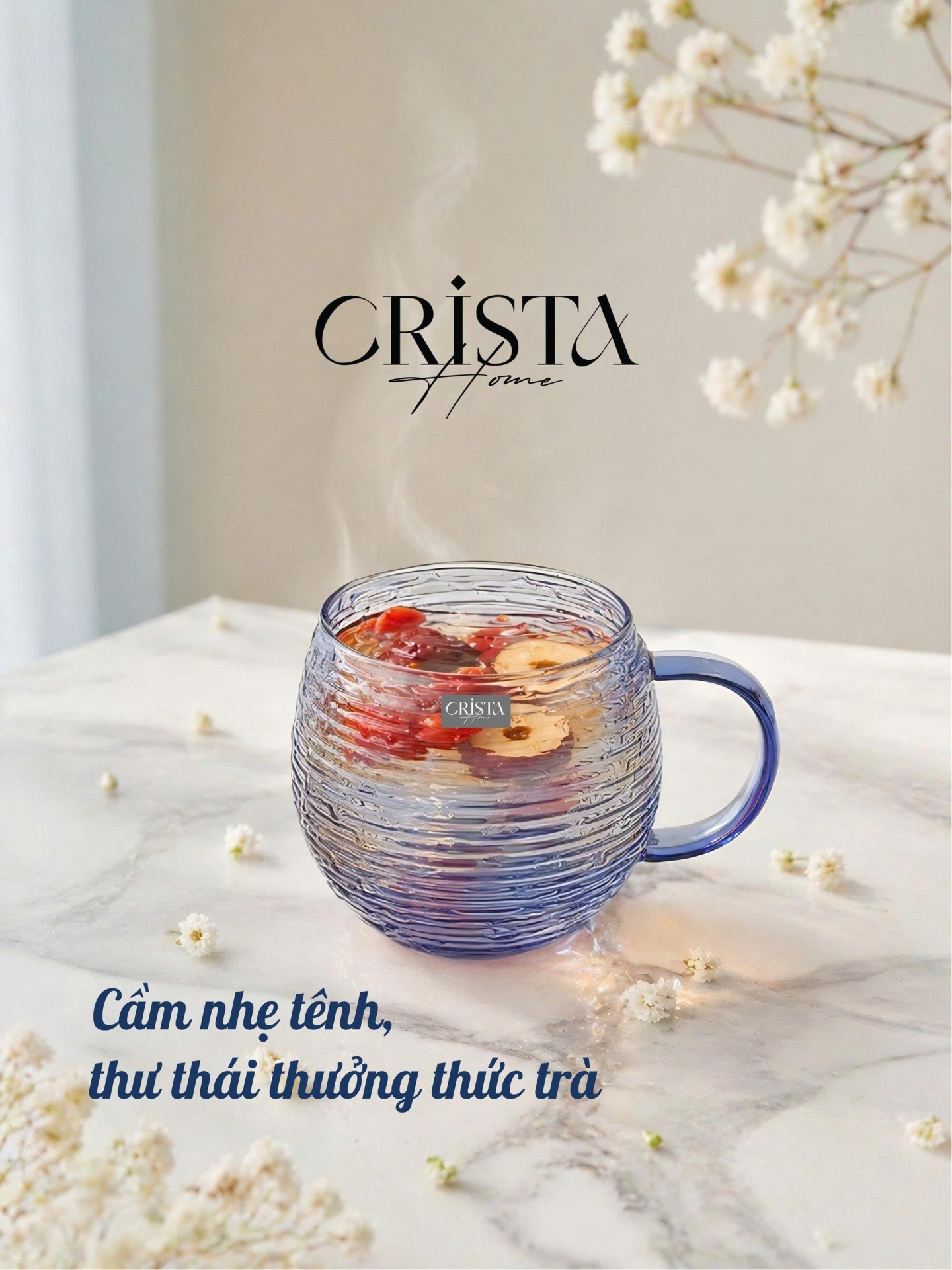BỘ 6 CỐC DÁNG BẦU VÂN NGANG CÓ QUAI 350ML - 2 Màu CRISTA HOME