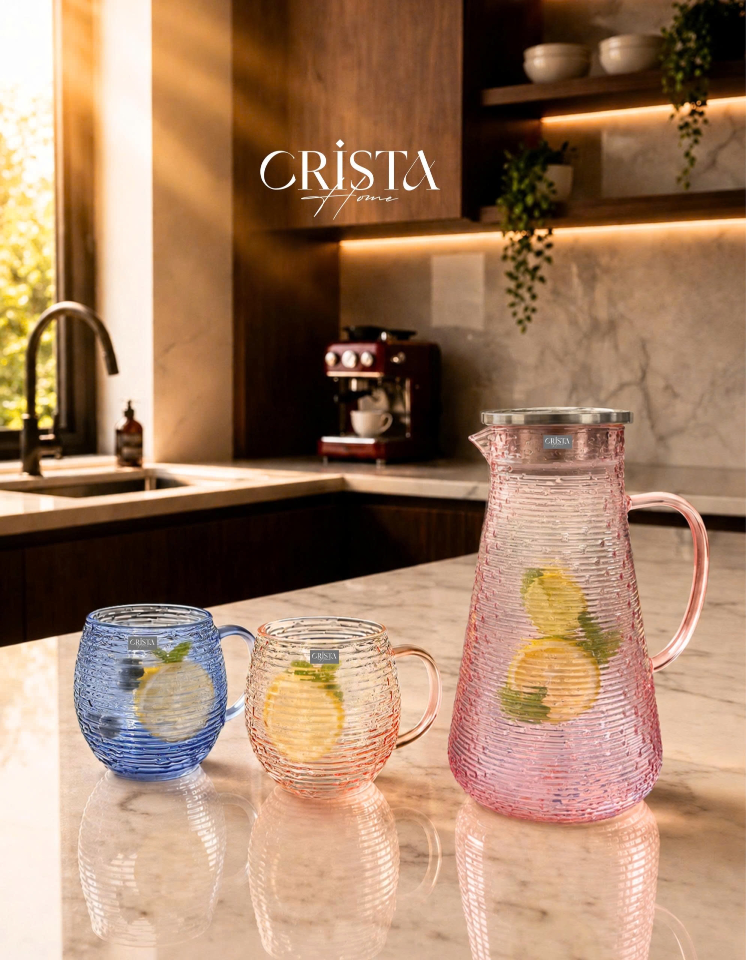 BỘ 6 CỐC DÁNG BẦU VÂN NGANG CÓ QUAI 350ML - 2 Màu CRISTA HOME