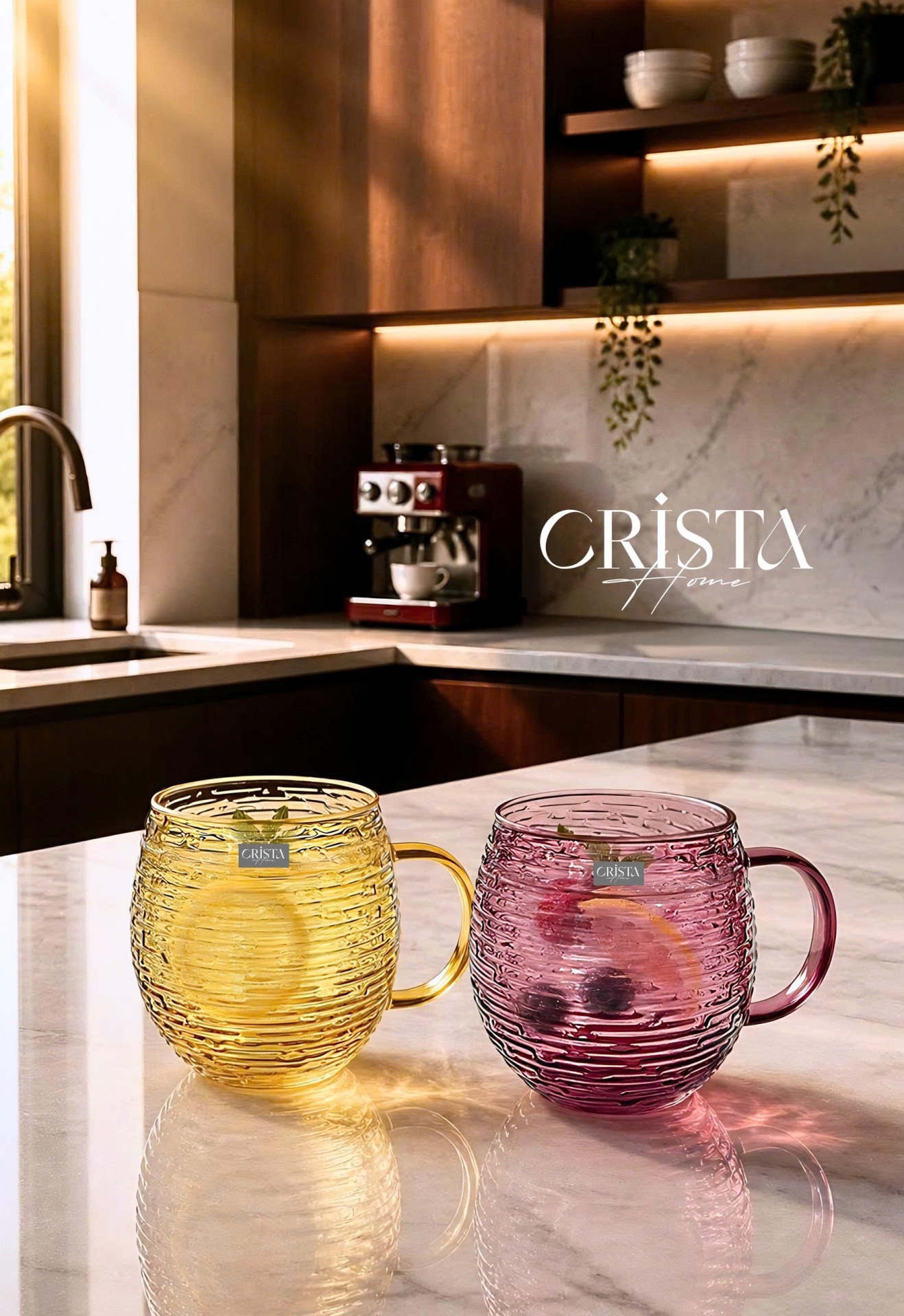 BỘ 6 CỐC DÁNG BẦU VÂN NGANG CÓ QUAI 350ML - 2 Màu CRISTA HOME