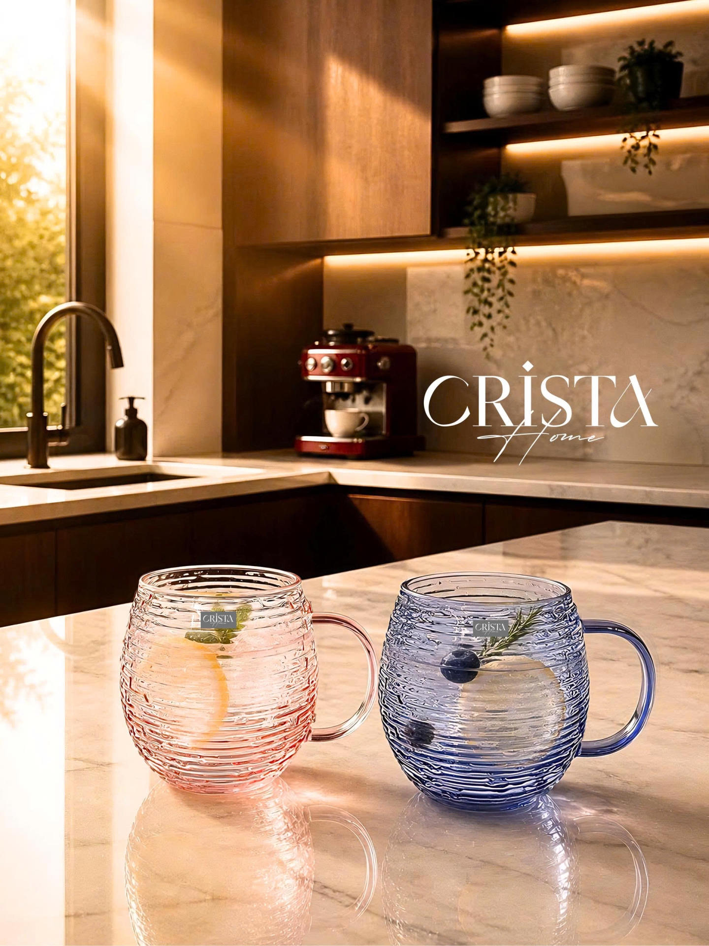 BỘ 6 CỐC DÁNG BẦU VÂN NGANG CÓ QUAI 350ML - 2 Màu CRISTA HOME
