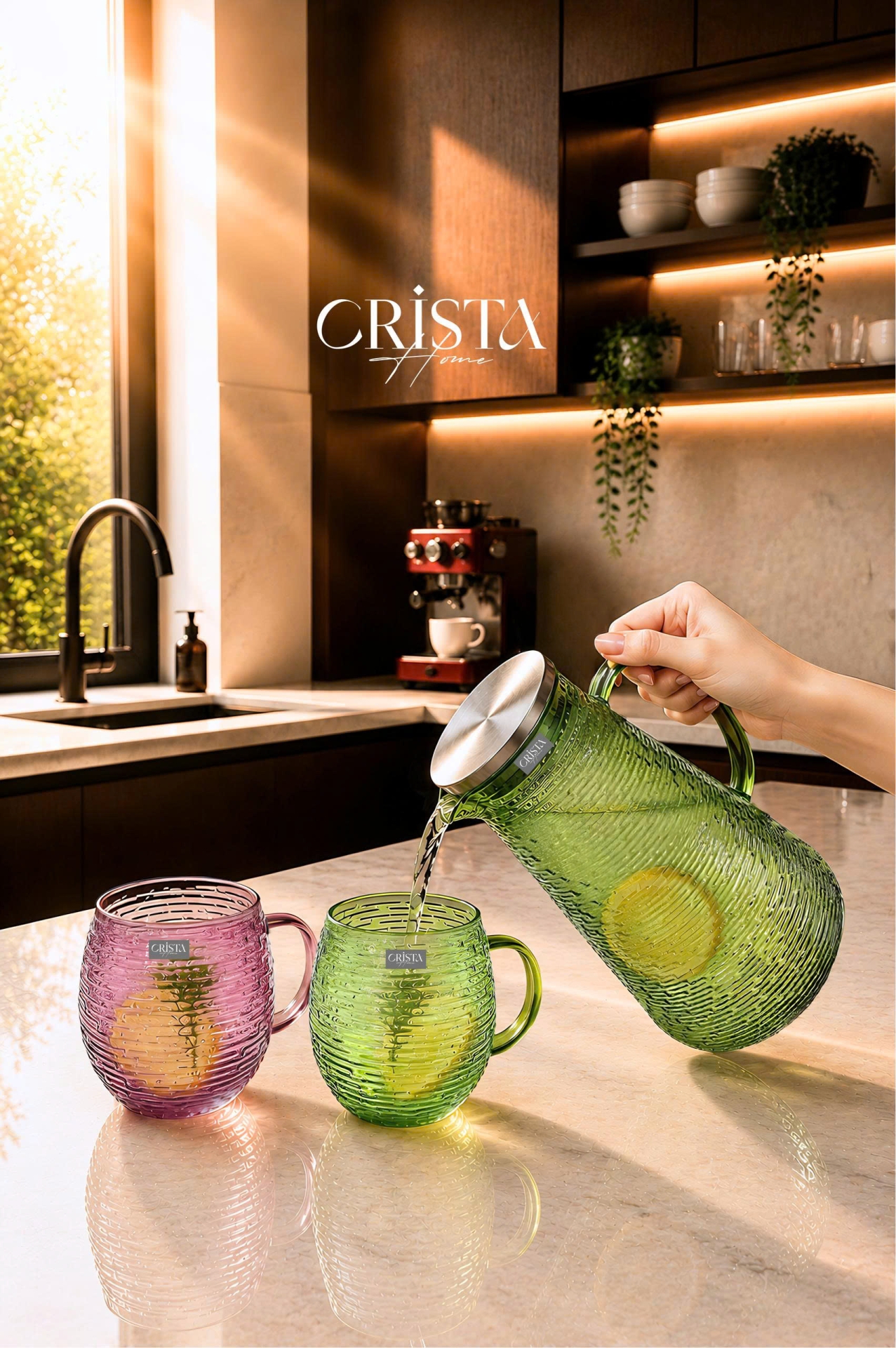BỘ 6 CỐC DÁNG BẦU VÂN NGANG CÓ QUAI 350ML - 2 Màu CRISTA HOME