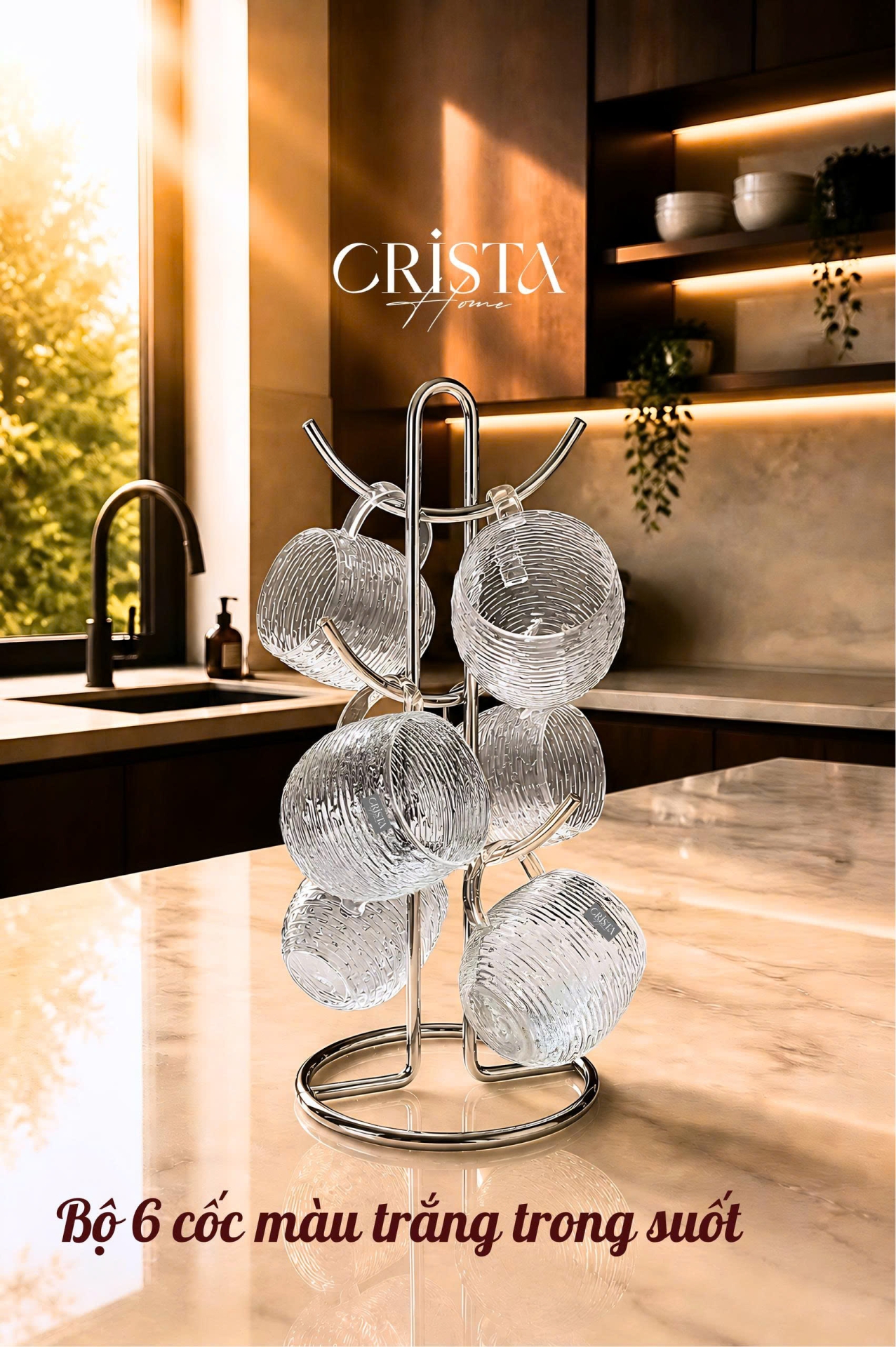 BỘ 6 CỐC DÁNG BẦU VÂN NGANG CÓ QUAI 350ML - 2 Màu CRISTA HOME