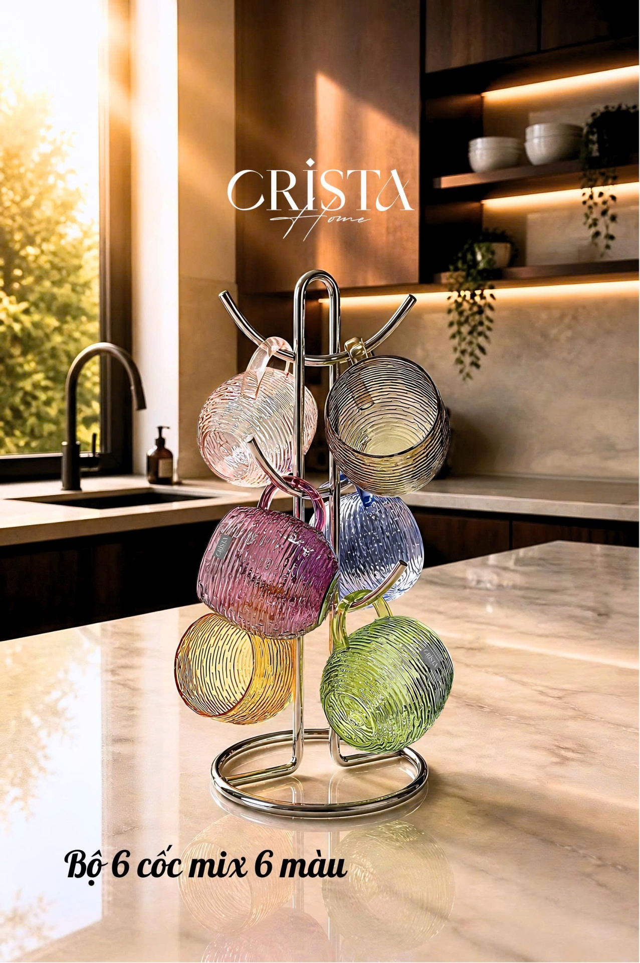 BỘ 6 CỐC DÁNG BẦU VÂN NGANG CÓ QUAI 350ML - 2 Màu CRISTA HOME
