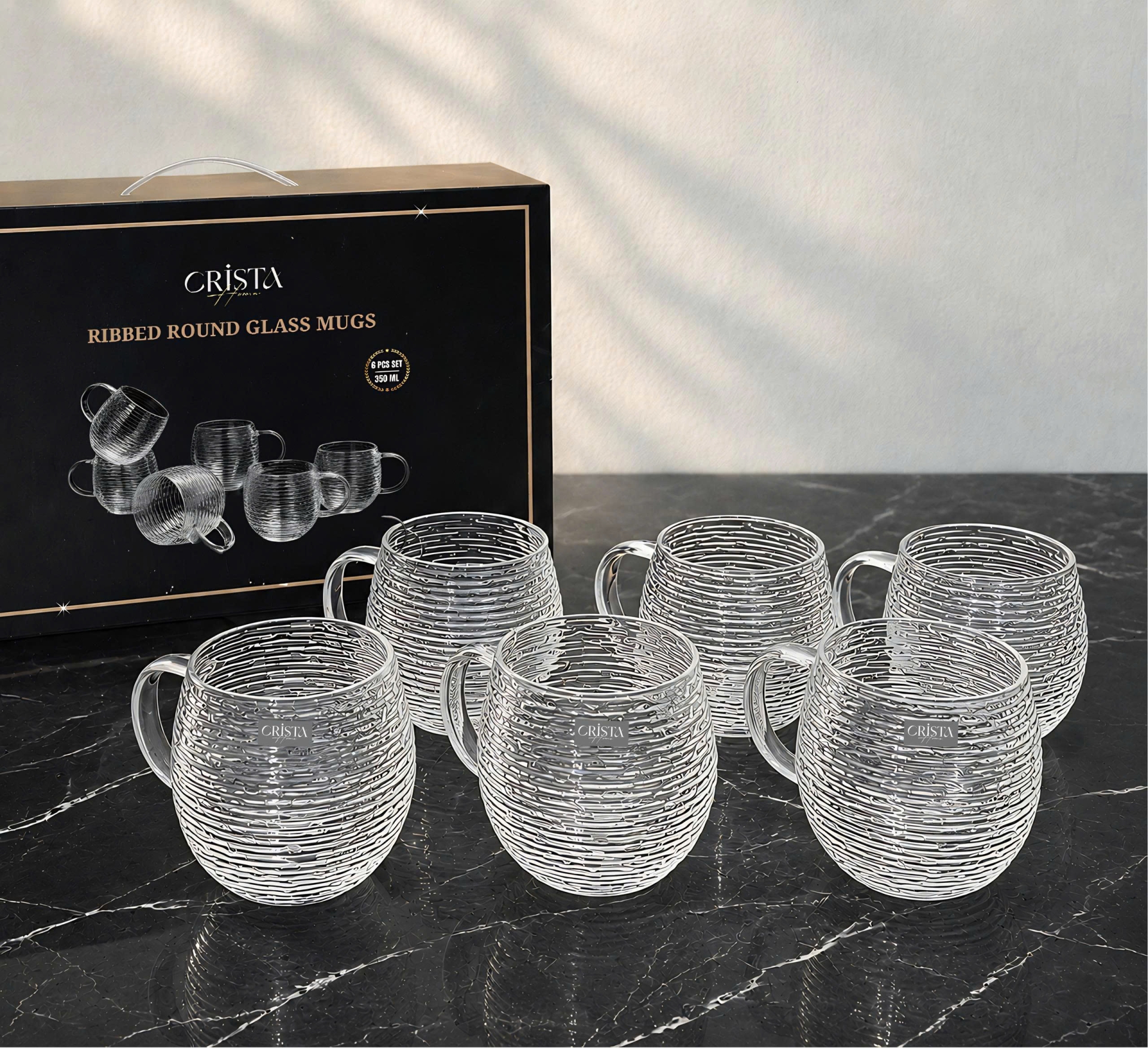 BỘ 6 CỐC DÁNG BẦU VÂN NGANG CÓ QUAI 350ML - 2 Màu CRISTA HOME