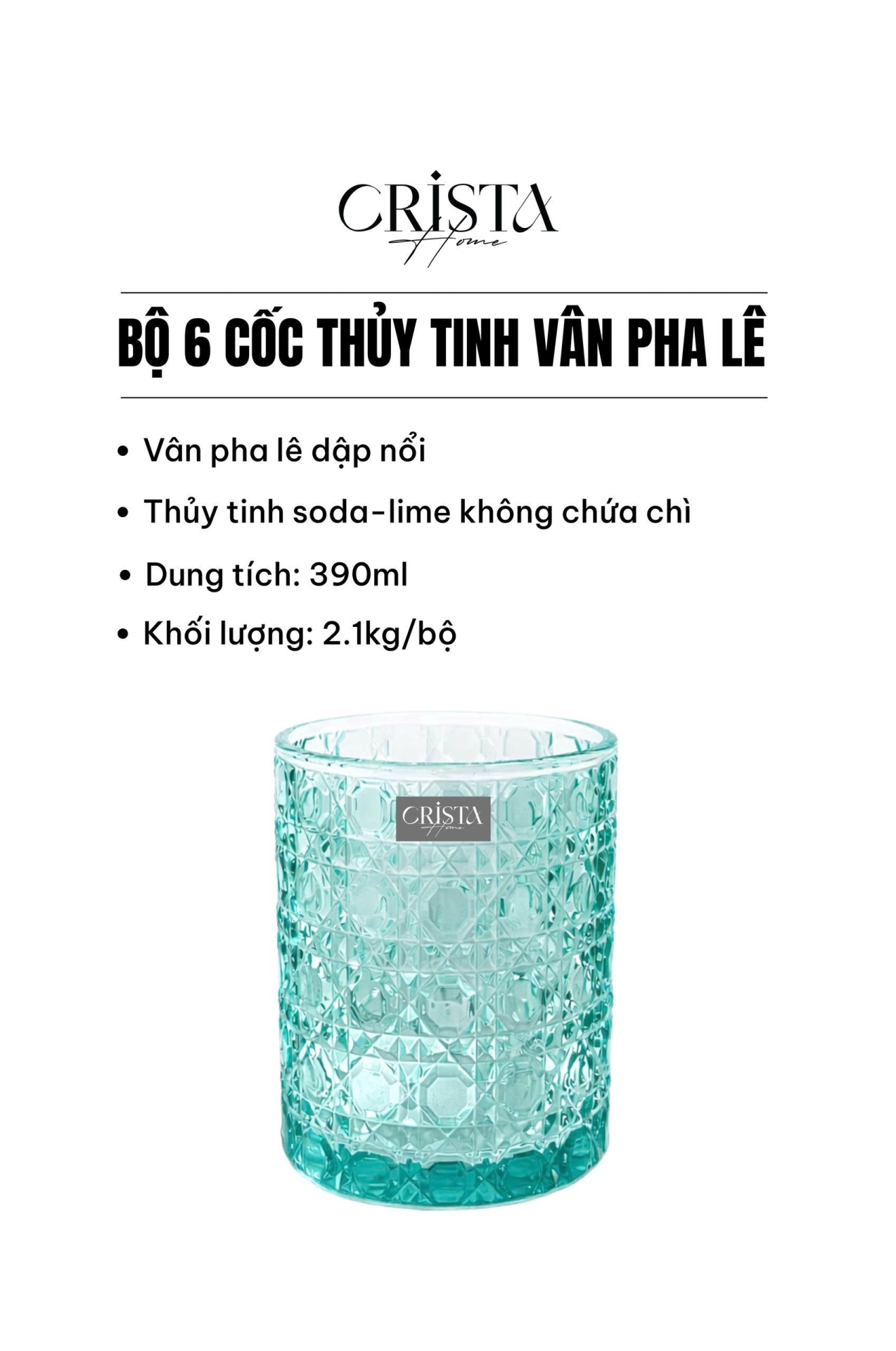 BỘ 6 CỐC THỦY TINH (2 Màu) VÂN PHA LÊ NỔI 390ML CRISTA HOME