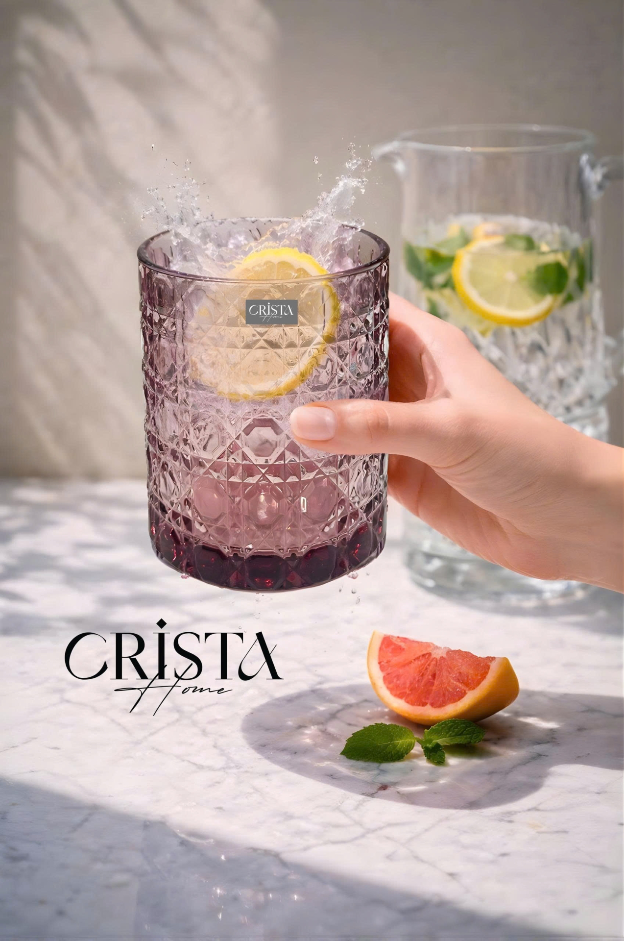 BỘ 6 CỐC THỦY TINH (2 Màu) VÂN PHA LÊ NỔI 390ML CRISTA HOME