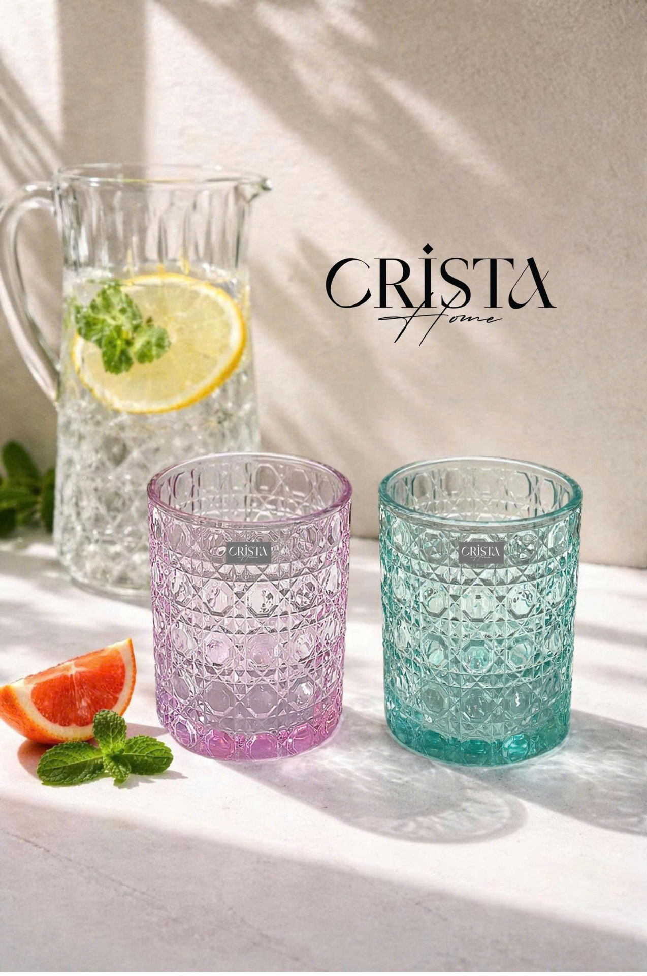 BỘ 6 CỐC THỦY TINH (2 Màu) VÂN PHA LÊ NỔI 390ML CRISTA HOME