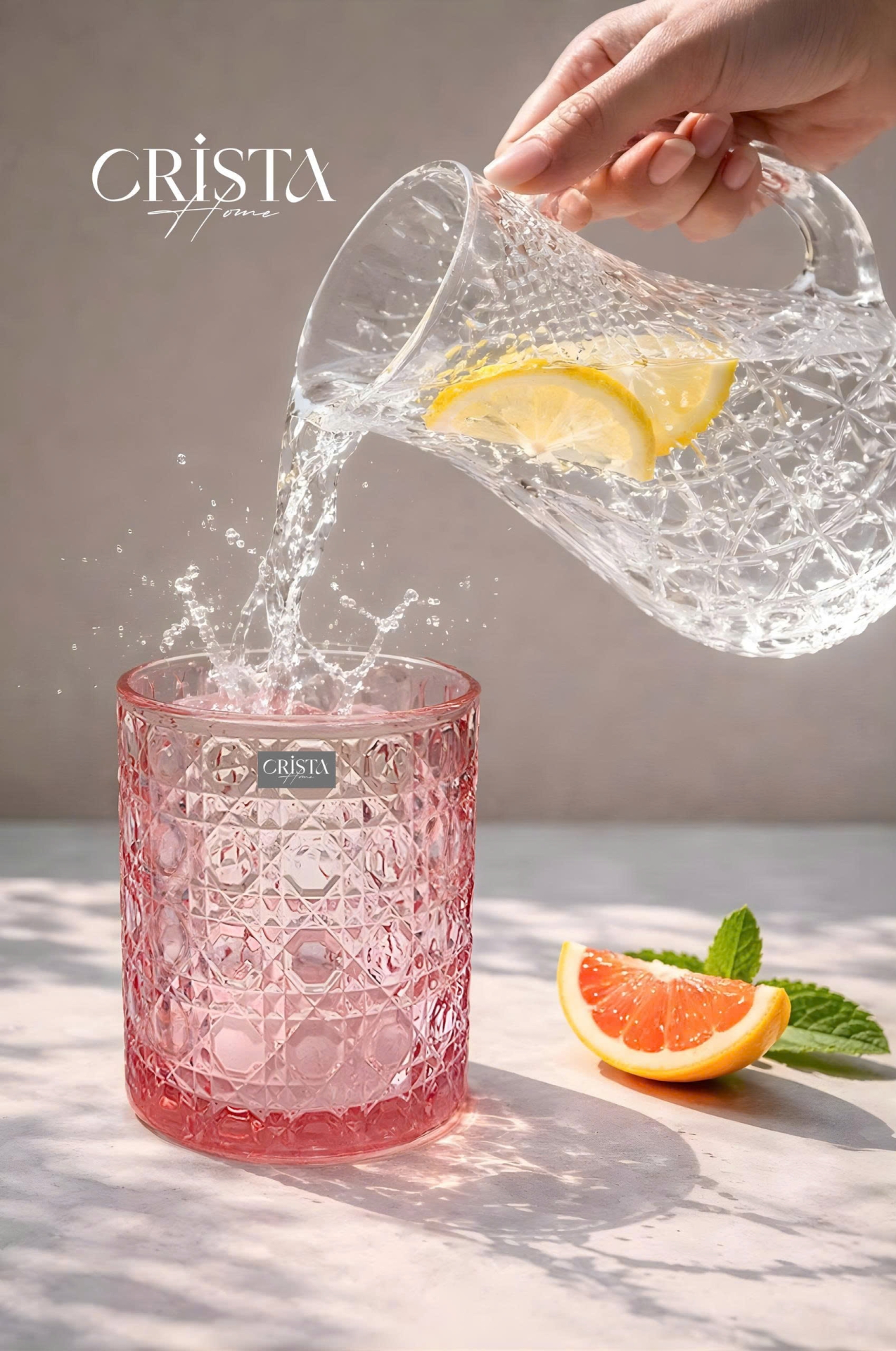 BỘ 6 CỐC THỦY TINH (2 Màu) VÂN PHA LÊ NỔI 390ML CRISTA HOME