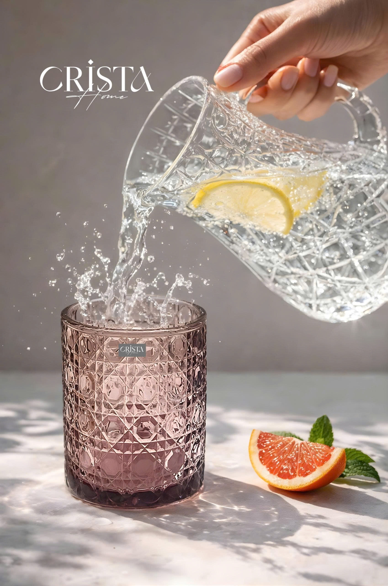 BỘ 6 CỐC THỦY TINH (2 Màu) VÂN PHA LÊ NỔI 390ML CRISTA HOME