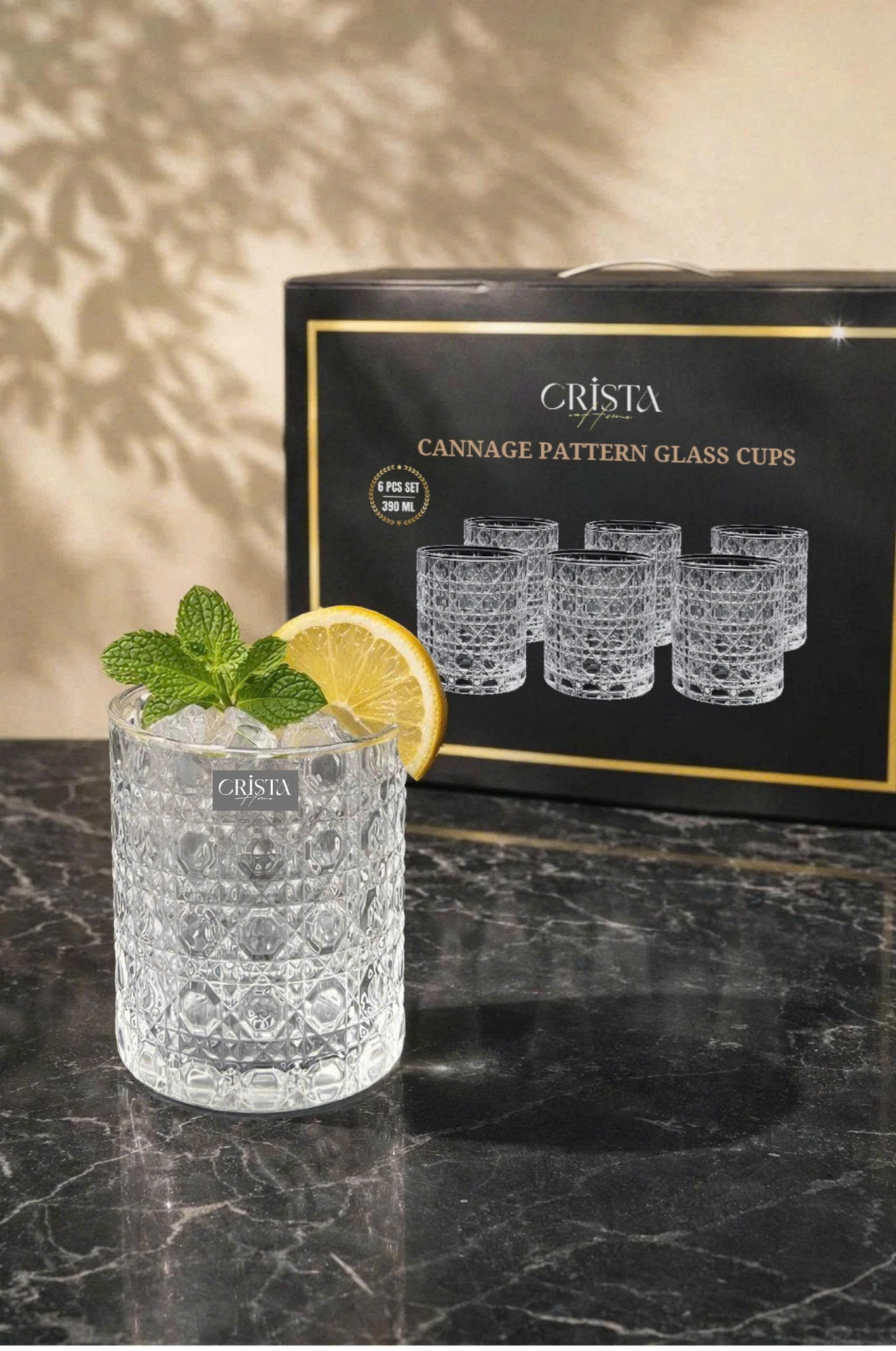 BỘ 6 CỐC THỦY TINH (2 Màu) VÂN PHA LÊ NỔI 390ML CRISTA HOME