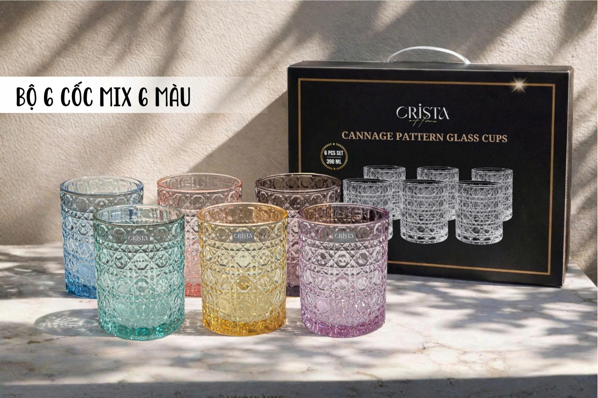 BỘ 6 CỐC THỦY TINH (2 Màu) VÂN PHA LÊ NỔI 390ML CRISTA HOME