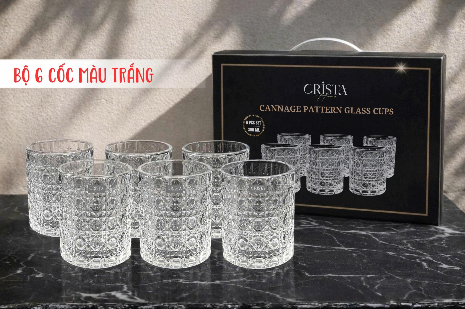 BỘ 6 CỐC THỦY TINH (2 Màu) VÂN PHA LÊ NỔI 390ML CRISTA HOME