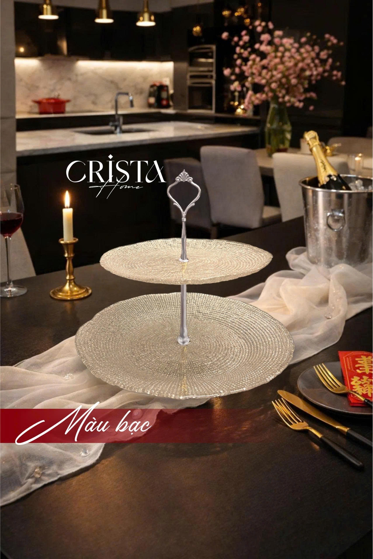 Bộ Đĩa 2 Tầng Thủy Tinh Tròn 28cm + 22.5cm - 4 màu