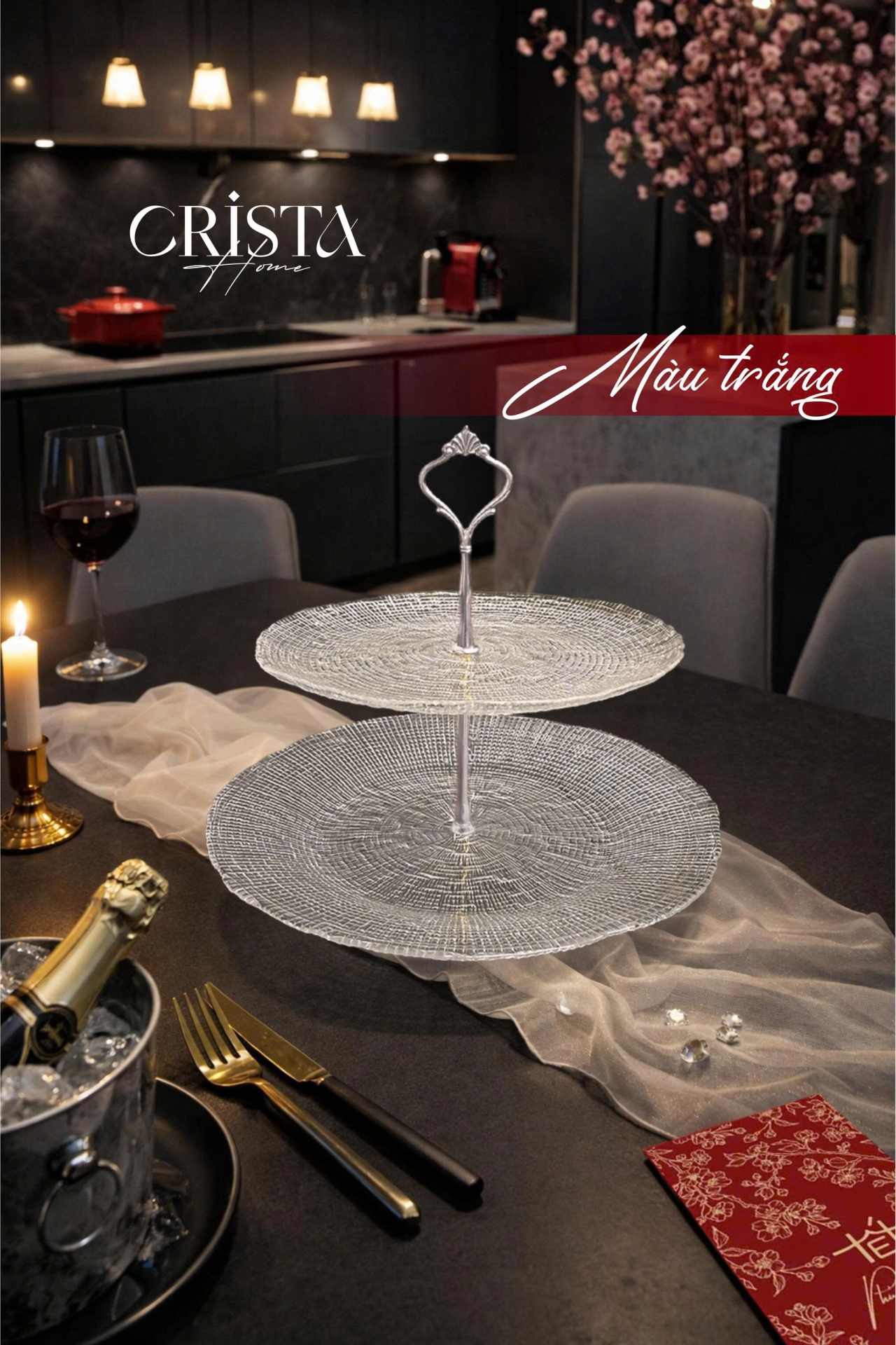 Bộ Đĩa 2 Tầng Thủy Tinh Tròn 28cm + 22.5cm - 4 màu