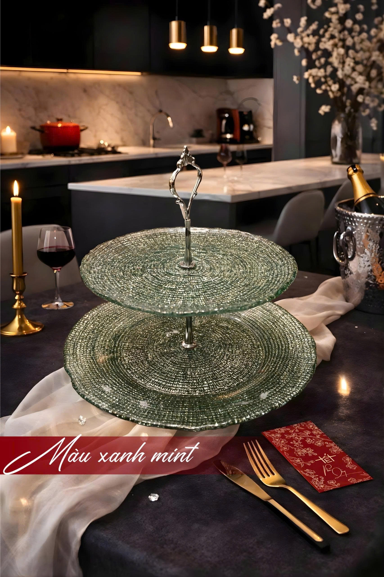 Bộ Đĩa 2 Tầng Thủy Tinh Tròn 28cm + 22.5cm - 4 màu