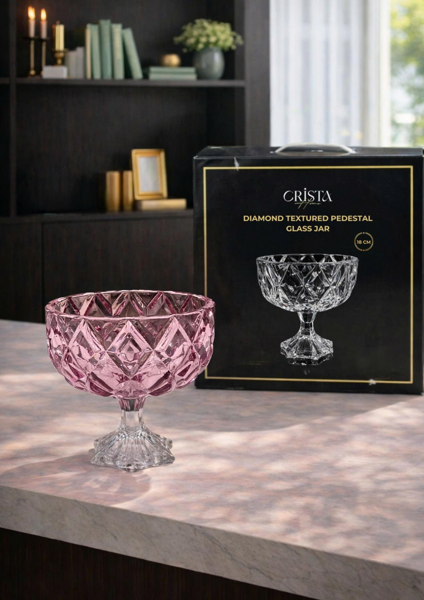 HŨ THỦY TINH CHÂN BỒNG 6 Màu VÂN KIM CƯƠNG 18CM