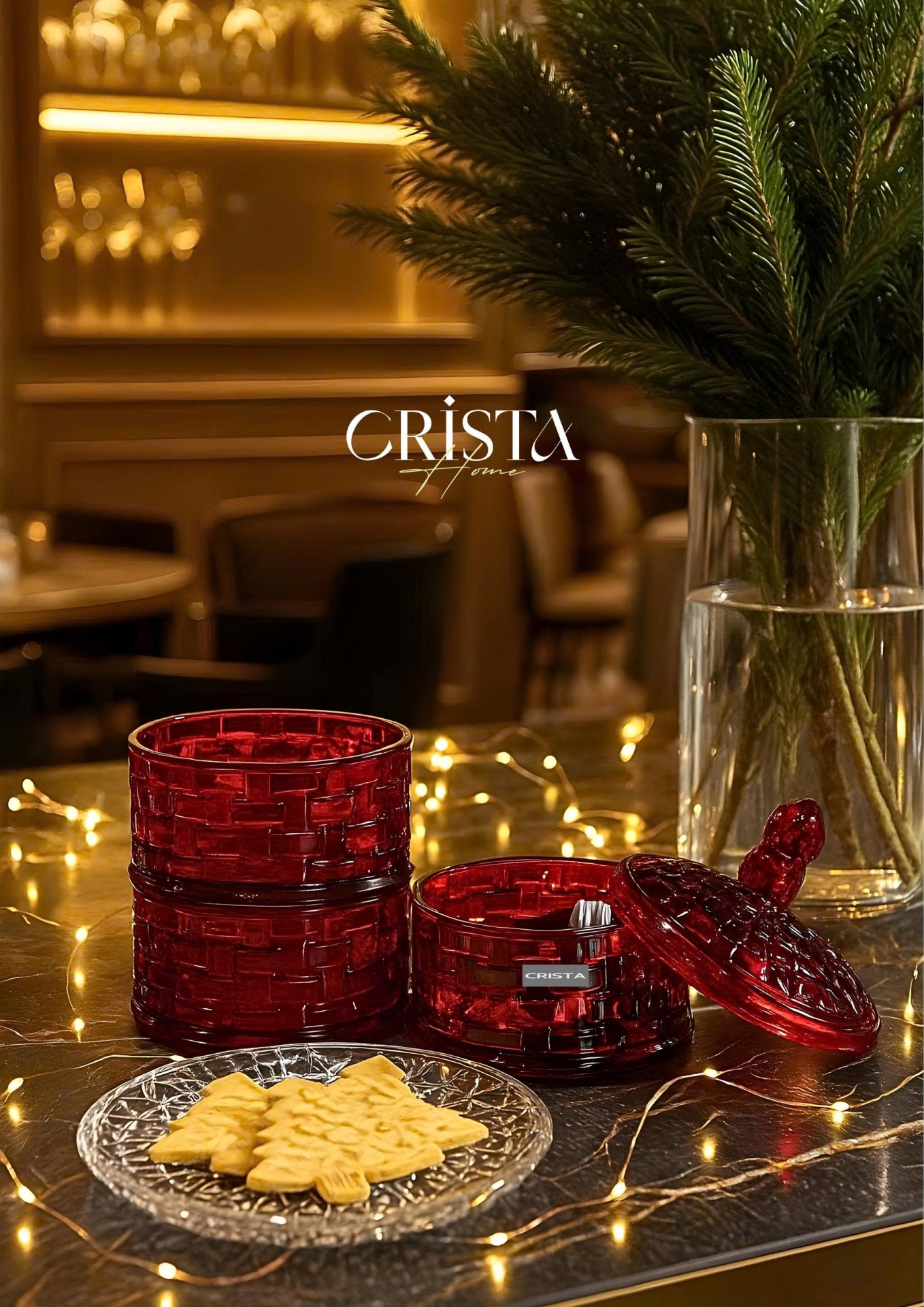 HŨ ĐỰNG MỨT THỦY TINH 3 TẦNG VÂN CARO - MÀU ĐỎ