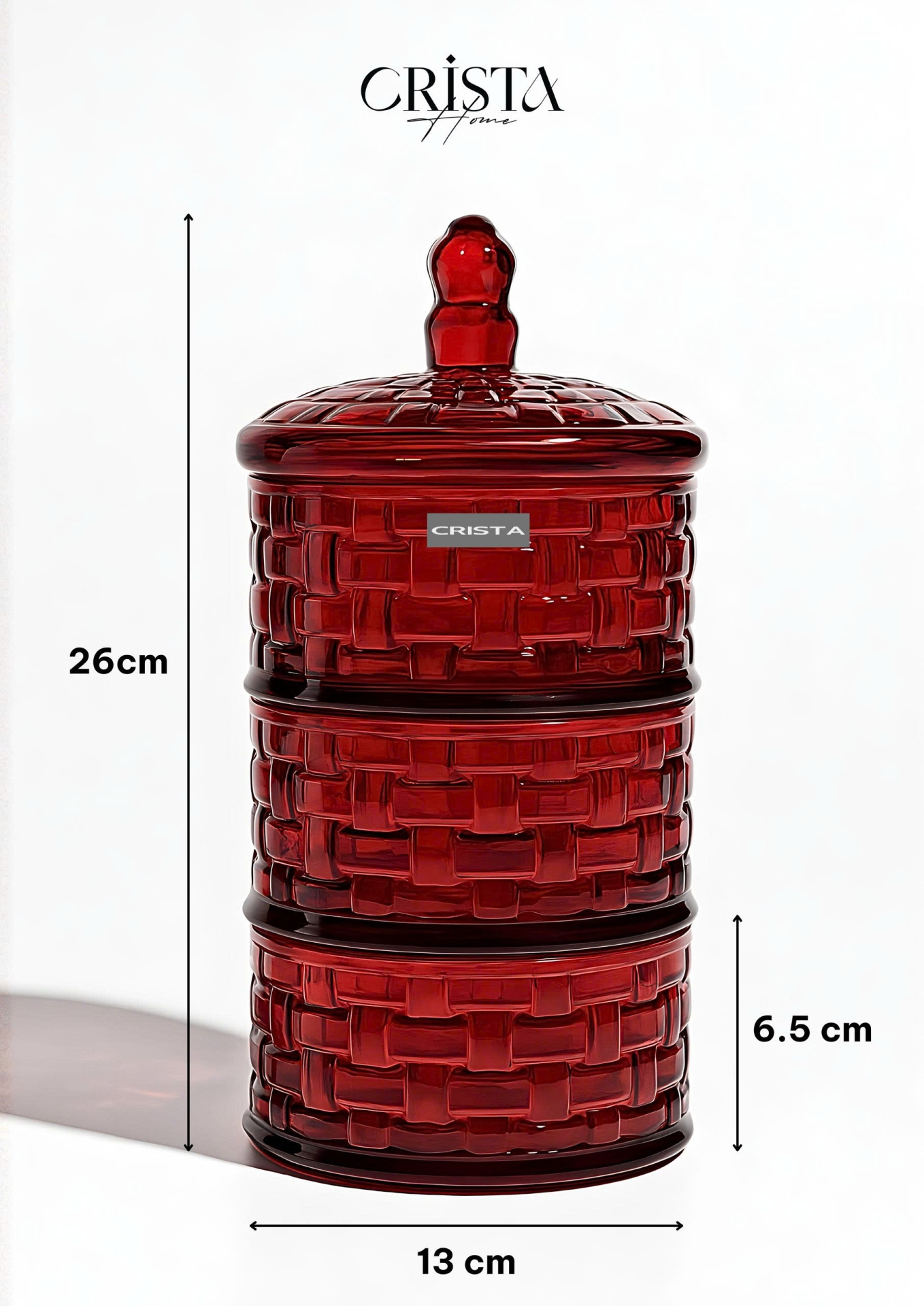 HŨ ĐỰNG MỨT THỦY TINH 3 TẦNG VÂN CARO - MÀU ĐỎ