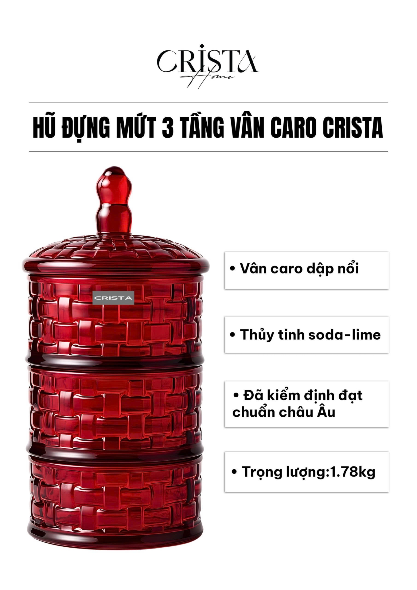 HŨ ĐỰNG MỨT THỦY TINH 3 TẦNG VÂN CARO - MÀU ĐỎ