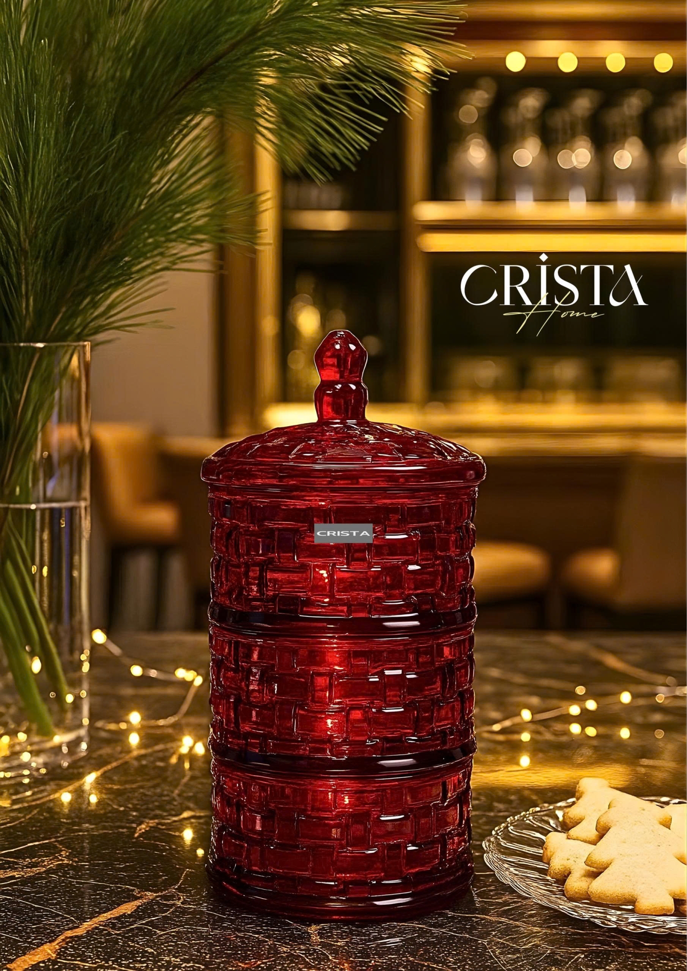 HŨ ĐỰNG MỨT THỦY TINH 3 TẦNG VÂN CARO - MÀU ĐỎ