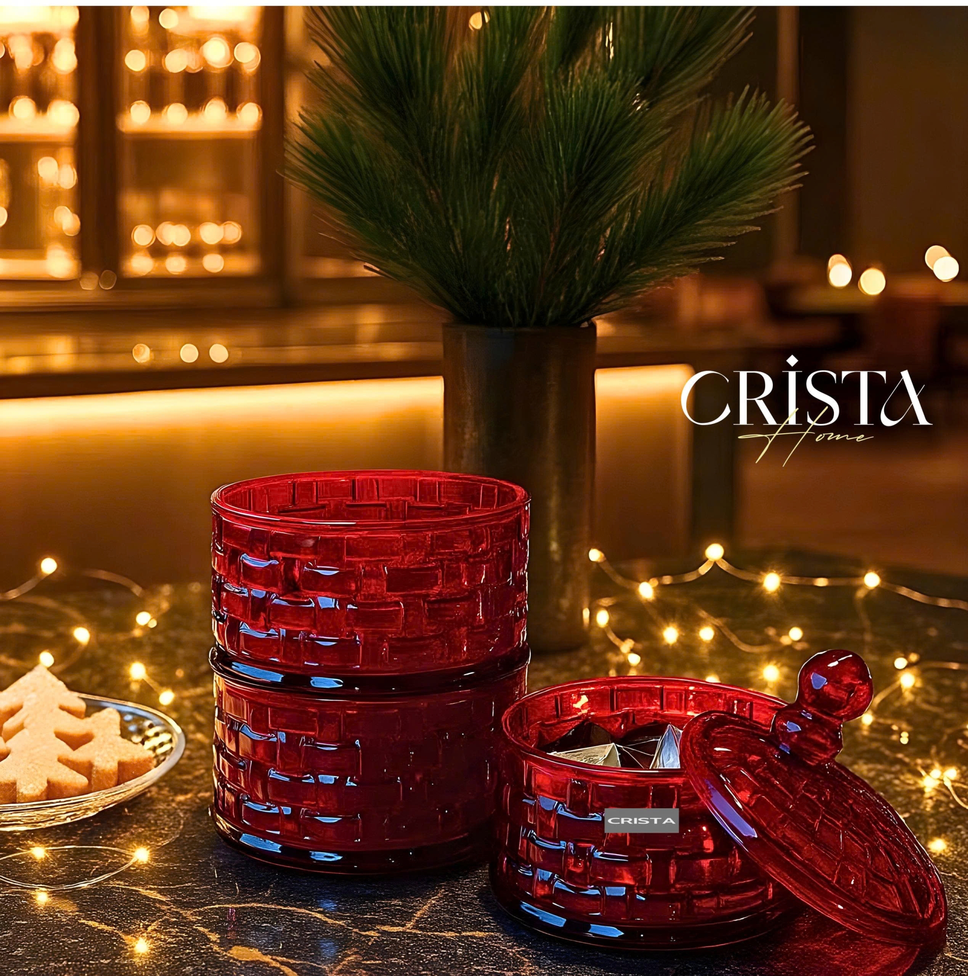 HŨ ĐỰNG MỨT THỦY TINH 3 TẦNG VÂN CARO - MÀU ĐỎ