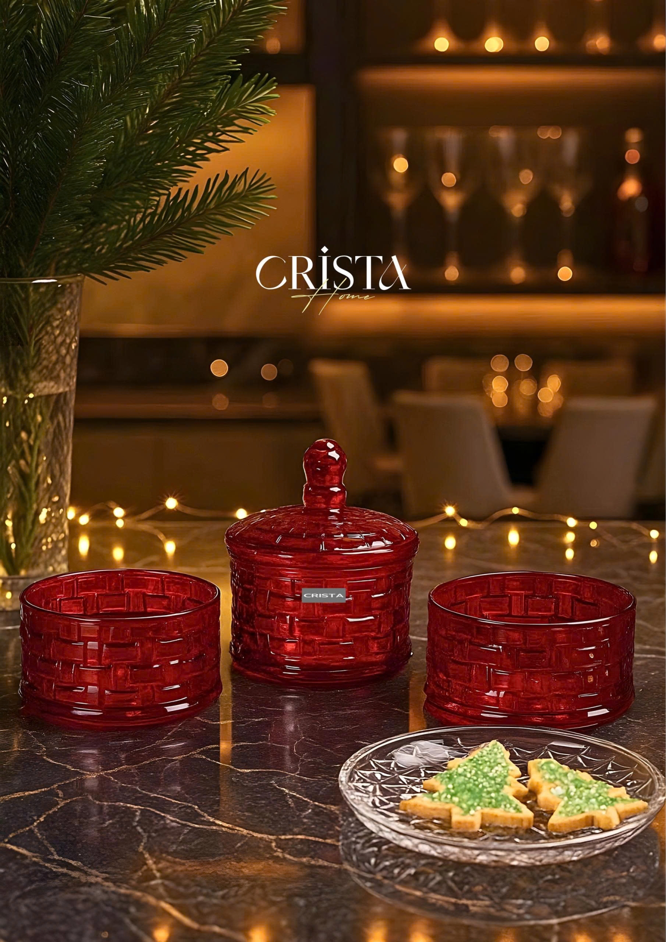 HŨ ĐỰNG MỨT THỦY TINH 3 TẦNG VÂN CARO - MÀU ĐỎ