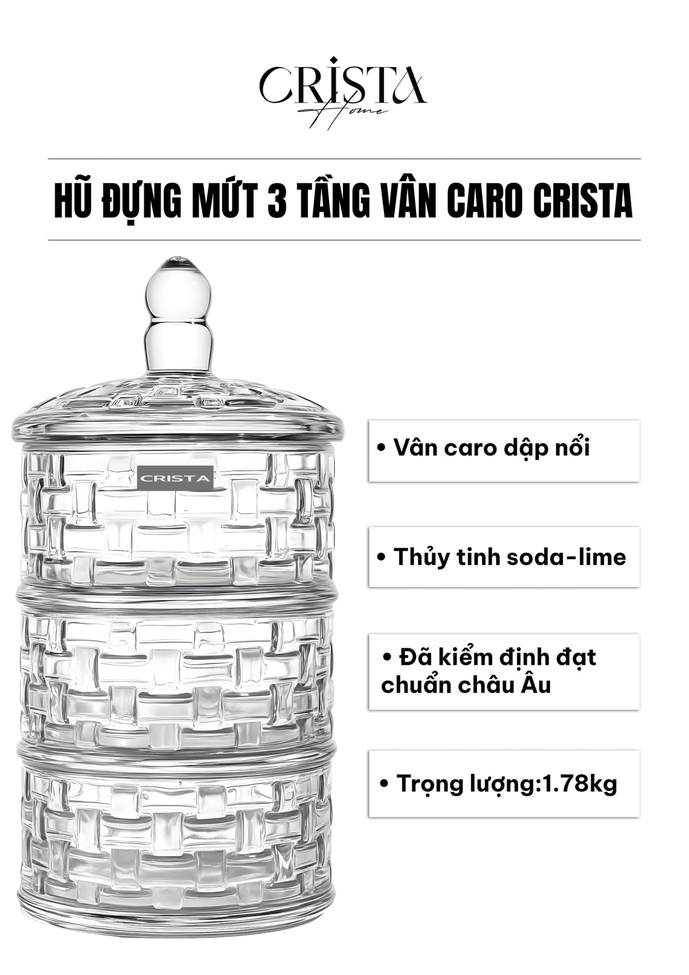 HŨ ĐỰNG MỨT THỦY TINH 3 TẦNG VÂN CARO - MÀU TRONG SUỐT