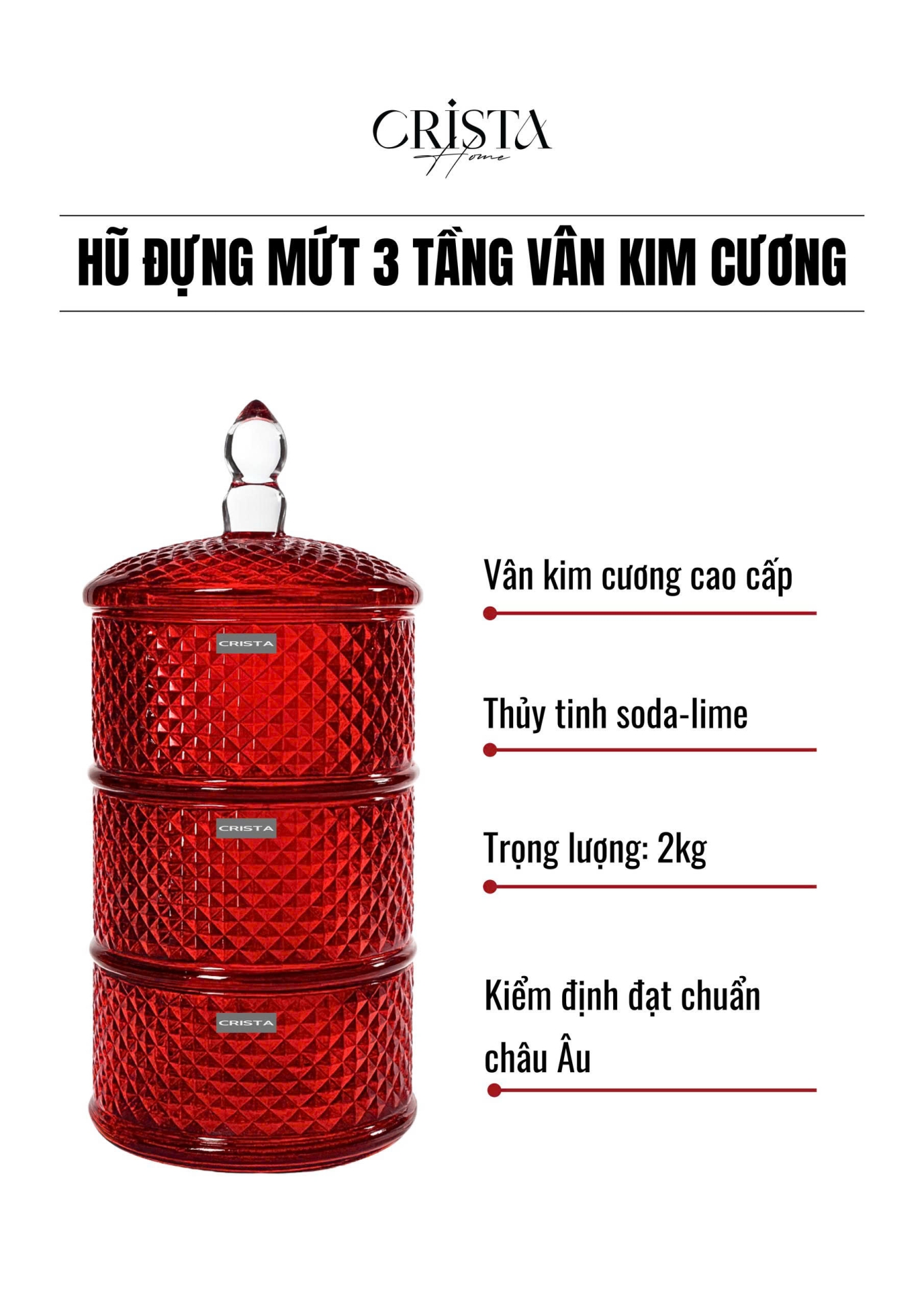 HŨ ĐỰNG MỨT 3 TẦNG VÂN KIM CƯƠNG - MÀU ĐỎ