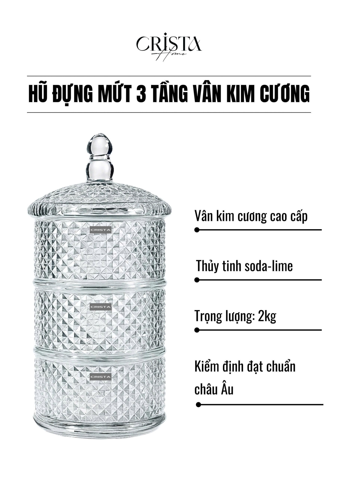 HŨ ĐỰNG MỨT 3 TẦNG VÂN KIM CƯƠNG – MÀU TRONG
