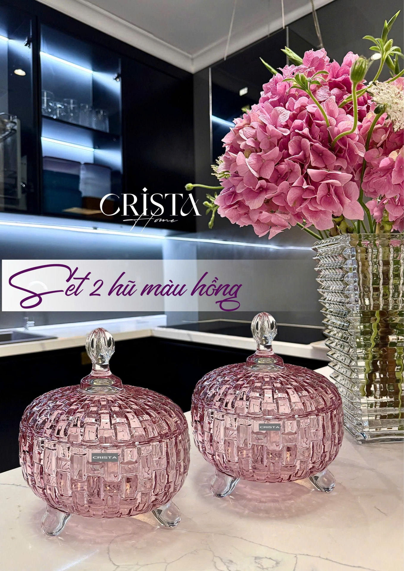 Bộ 2 Hũ Đựng Kẹo Thủy Tinh - 4 Màu Rực Rỡ CRISTA HOME Vân Caro