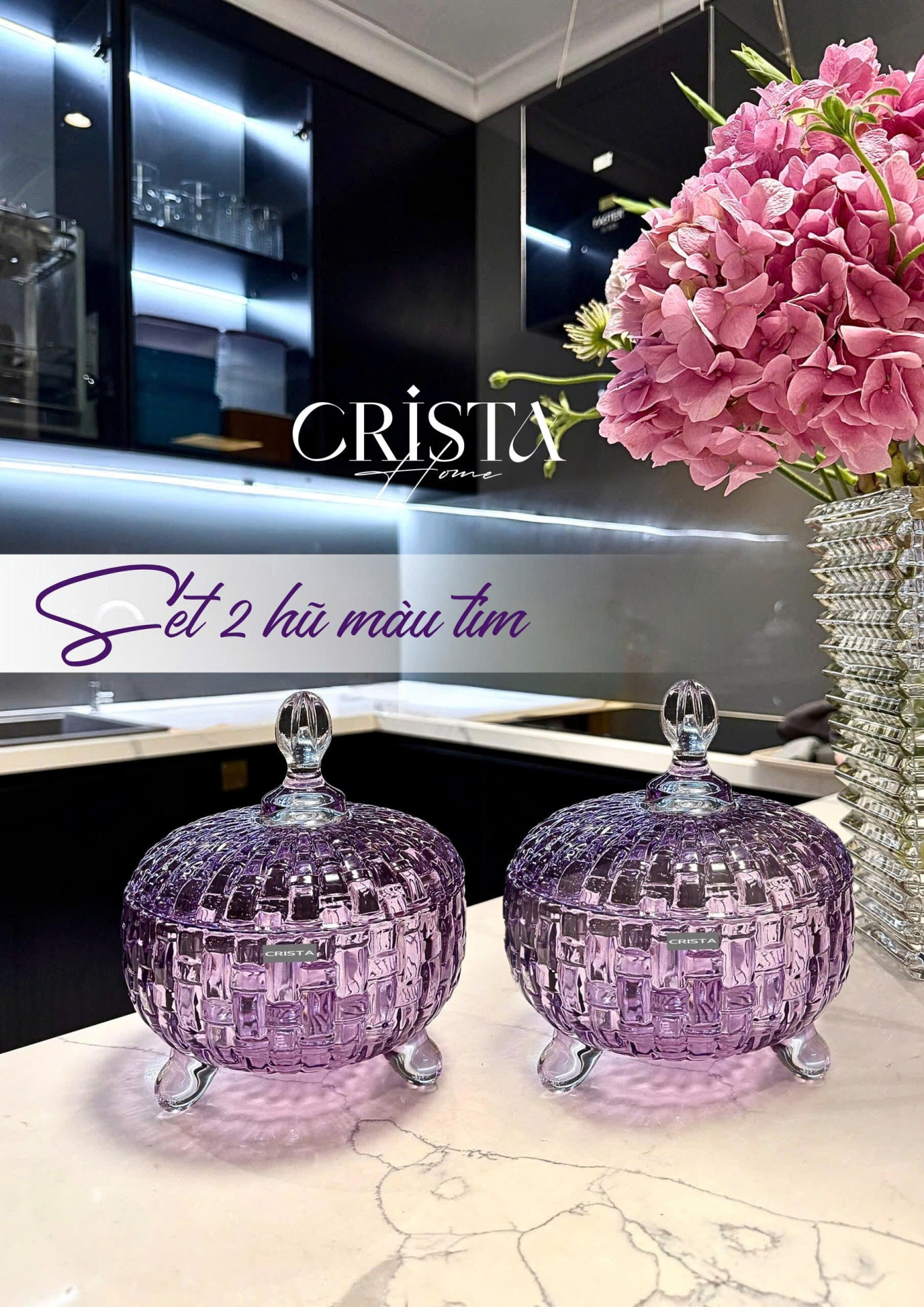 Bộ 2 Hũ Đựng Kẹo Thủy Tinh - 4 Màu Rực Rỡ CRISTA HOME Vân Caro