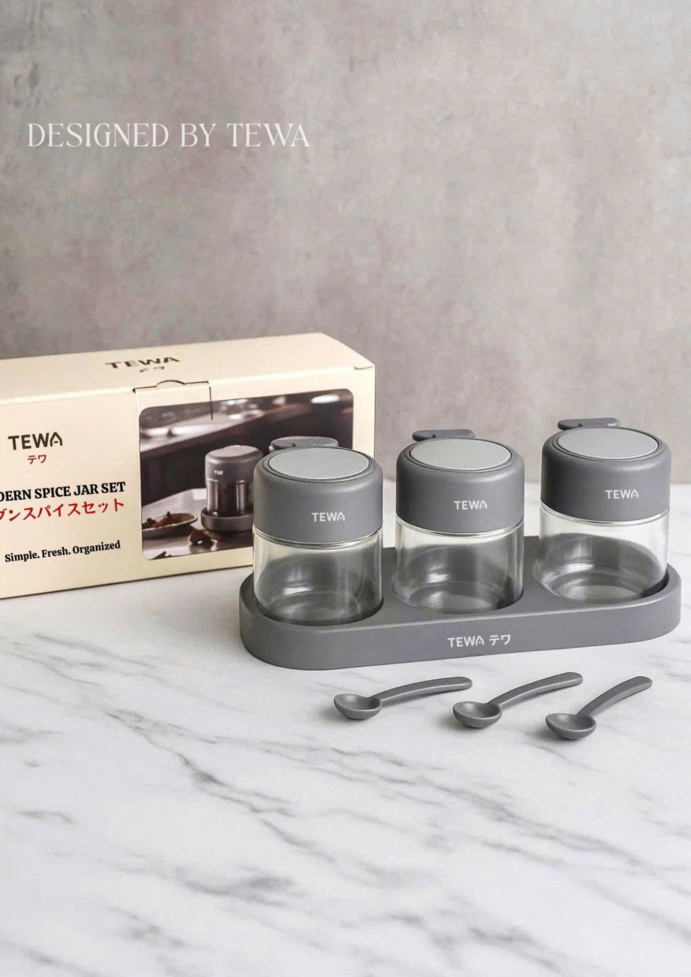 Bộ 3 hũ đựng gia vị kèm thìa màu xám