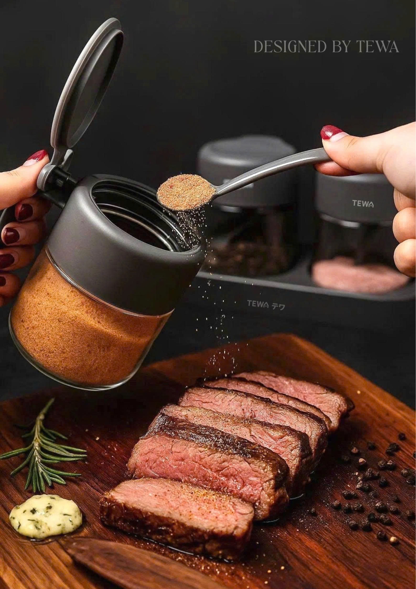 Bộ 3 hũ đựng gia vị kèm thìa màu xám