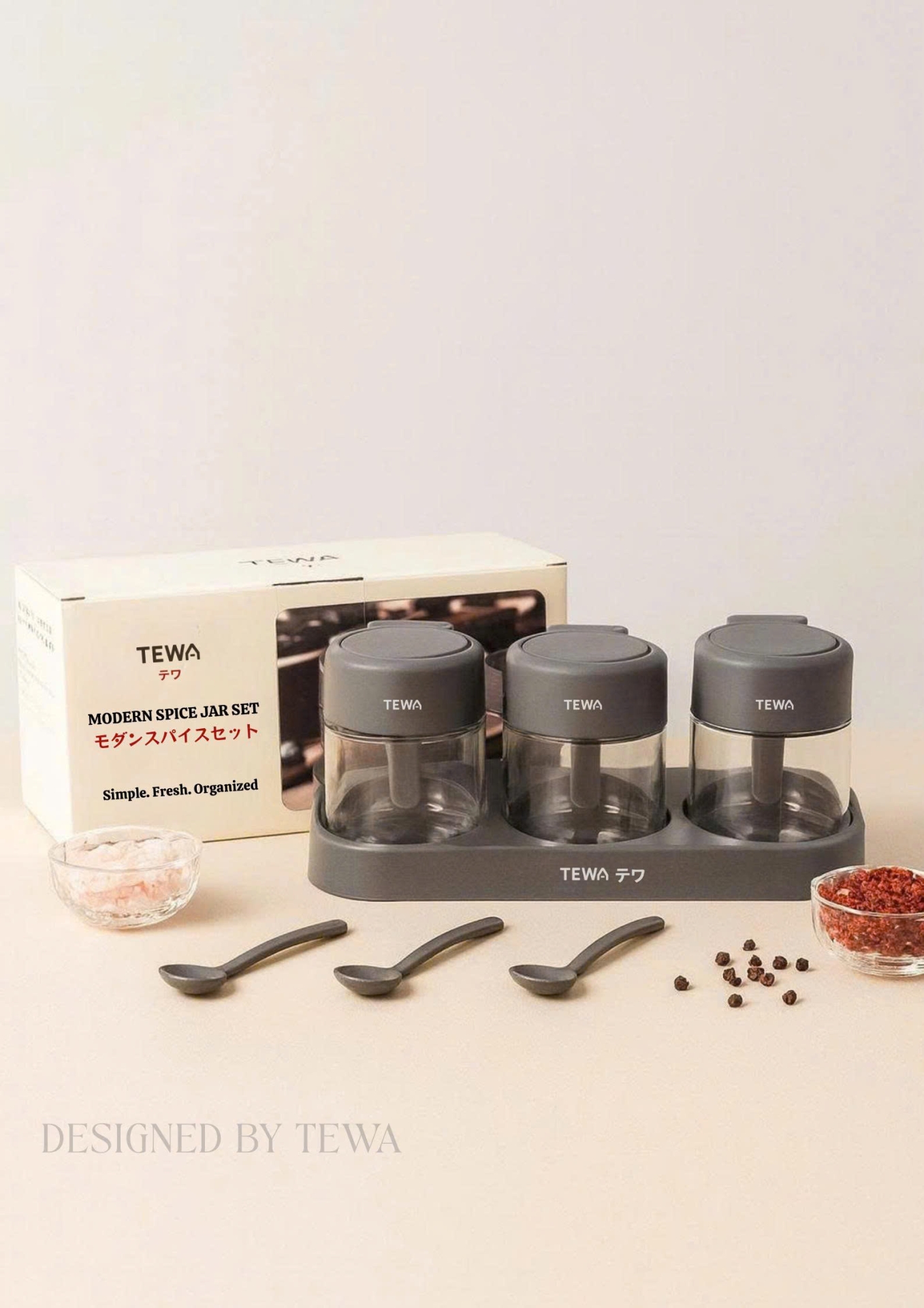 Bộ 3 hũ đựng gia vị kèm thìa màu xám