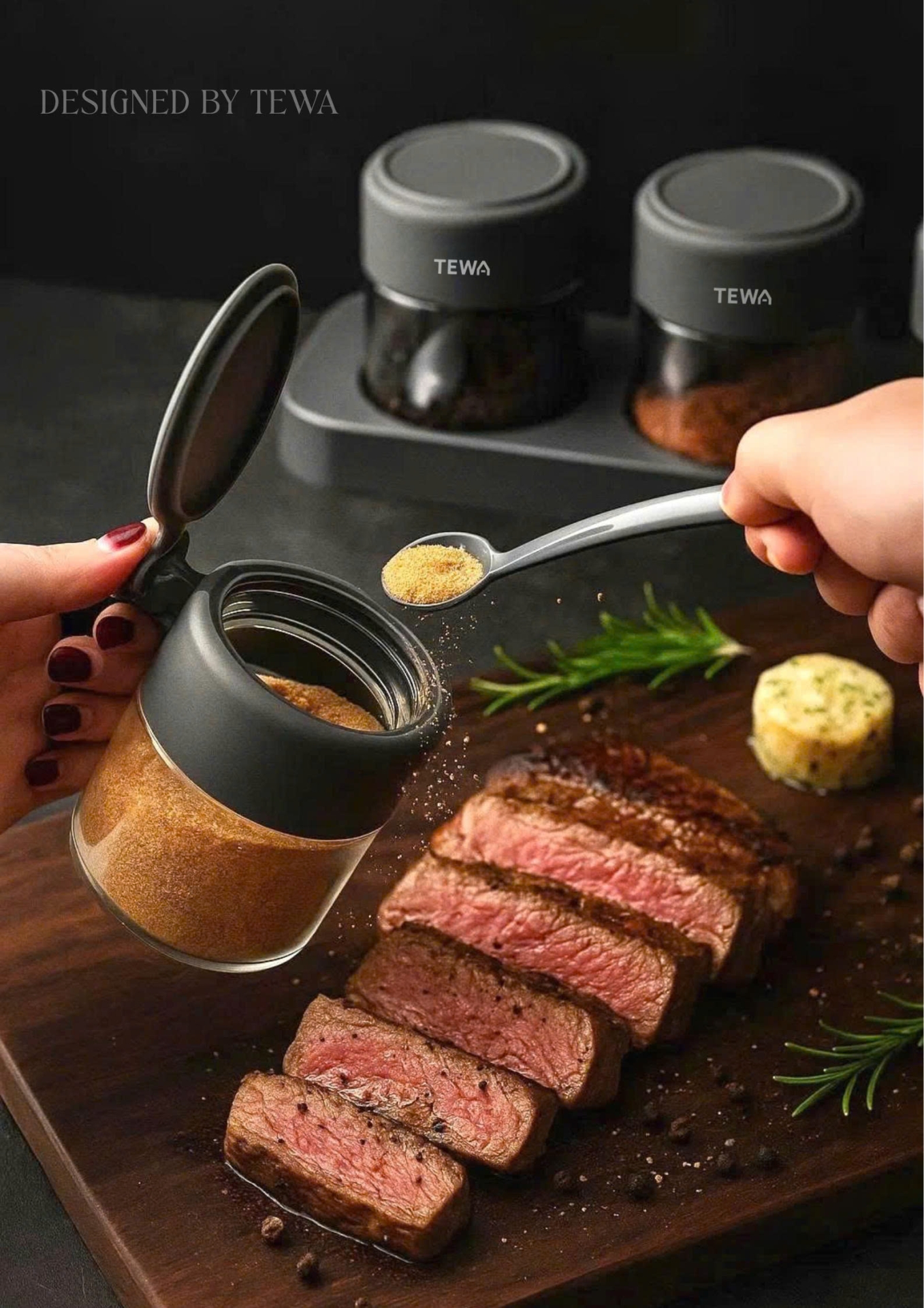 Bộ 3 hũ đựng gia vị kèm thìa màu xám