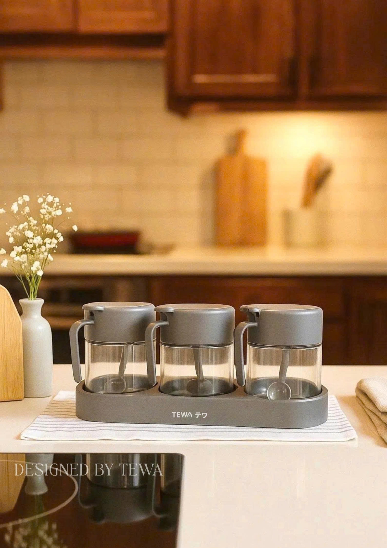 Bộ 3 hũ đựng gia vị kèm thìa màu xám