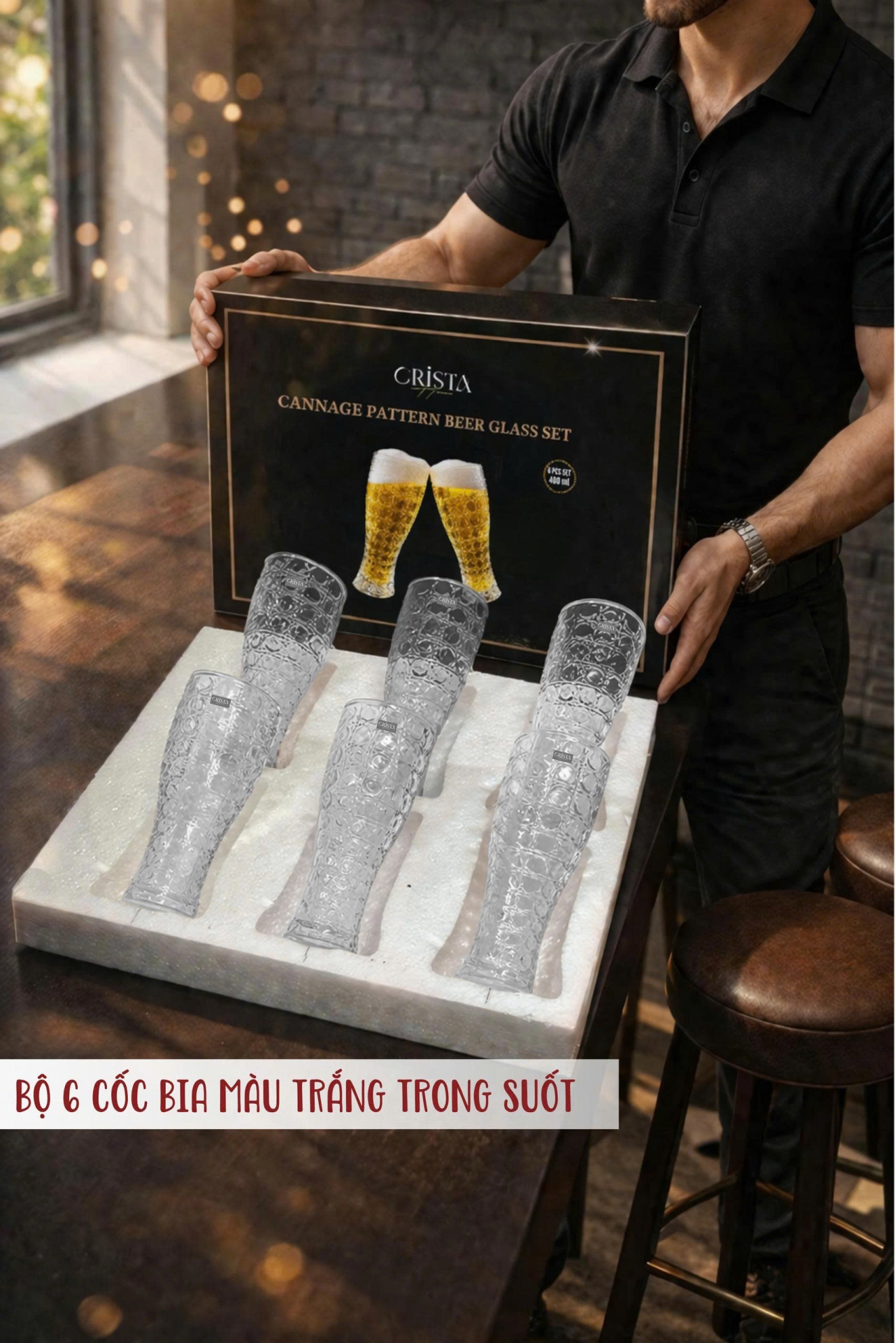 BỘ 6 LY BIA THỦY TINH VÂN PHA LÊ 2 Màu - 440ML CRISTA HOME