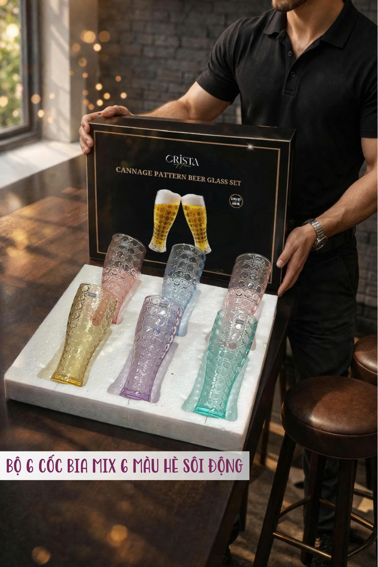 BỘ 6 LY BIA THỦY TINH VÂN PHA LÊ 2 Màu - 440ML CRISTA HOME