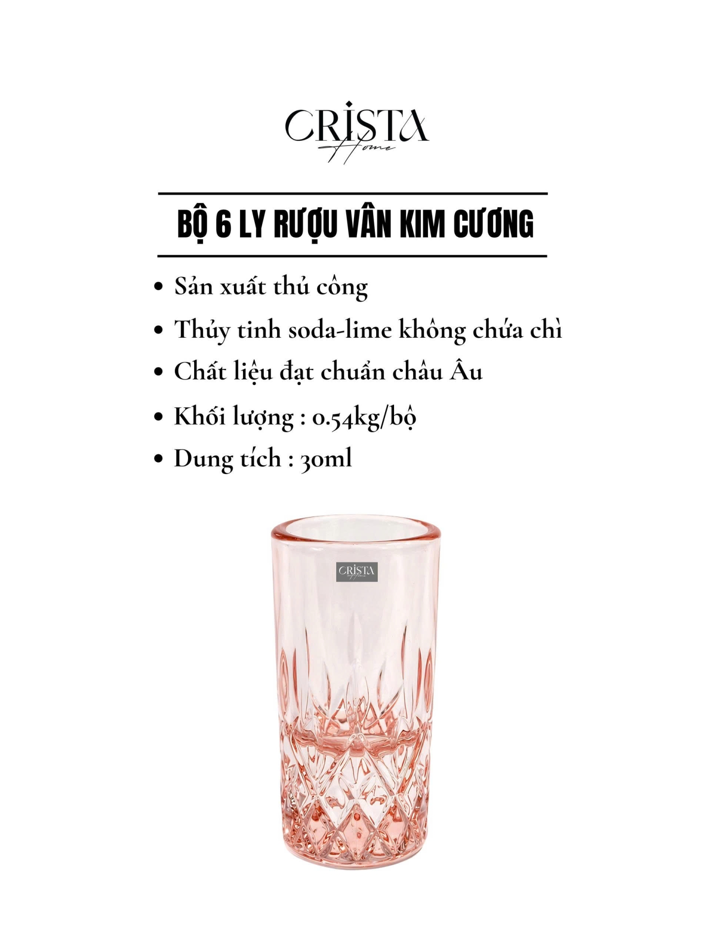 BỘ 6 LY RƯỢU THỦY TINH VÂN KIM CƯƠNG 30ML CRISTA HOME - 2 Màu