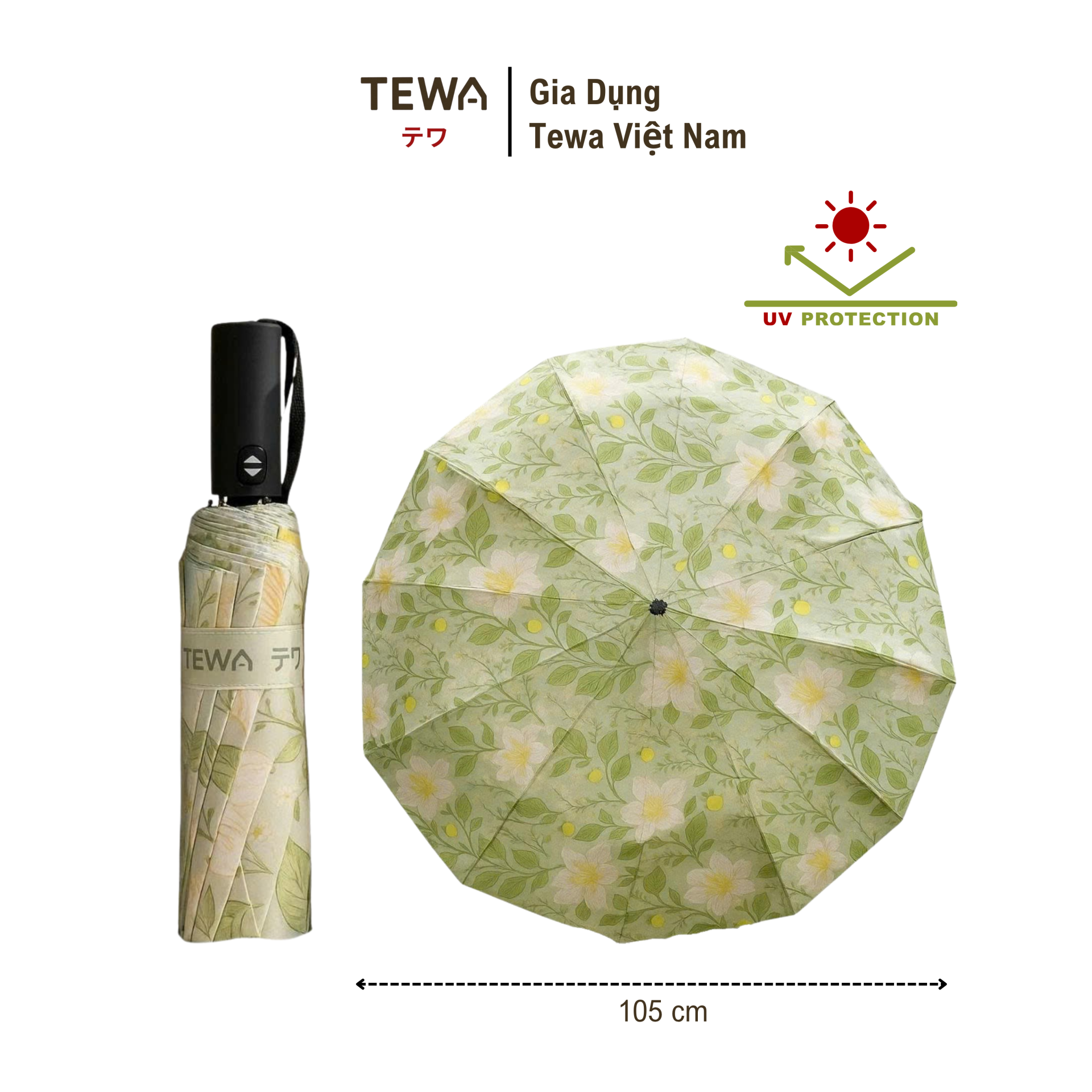 Ô họa tiết hoa 12 nan kép chống UV, chống thấm nước (Màu hoa xanh trắng)