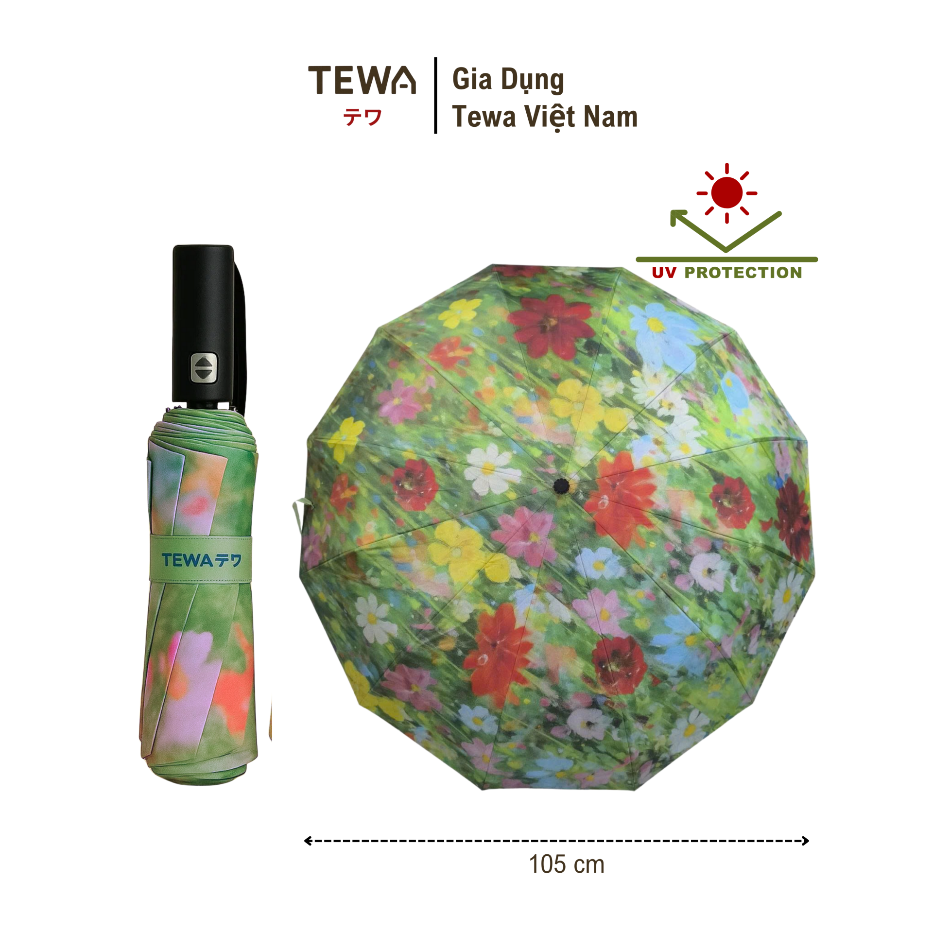 Ô họa tiết hoa 12 nan kép chống UV, chống thấm nước (Màu hoa xanh đỏ)