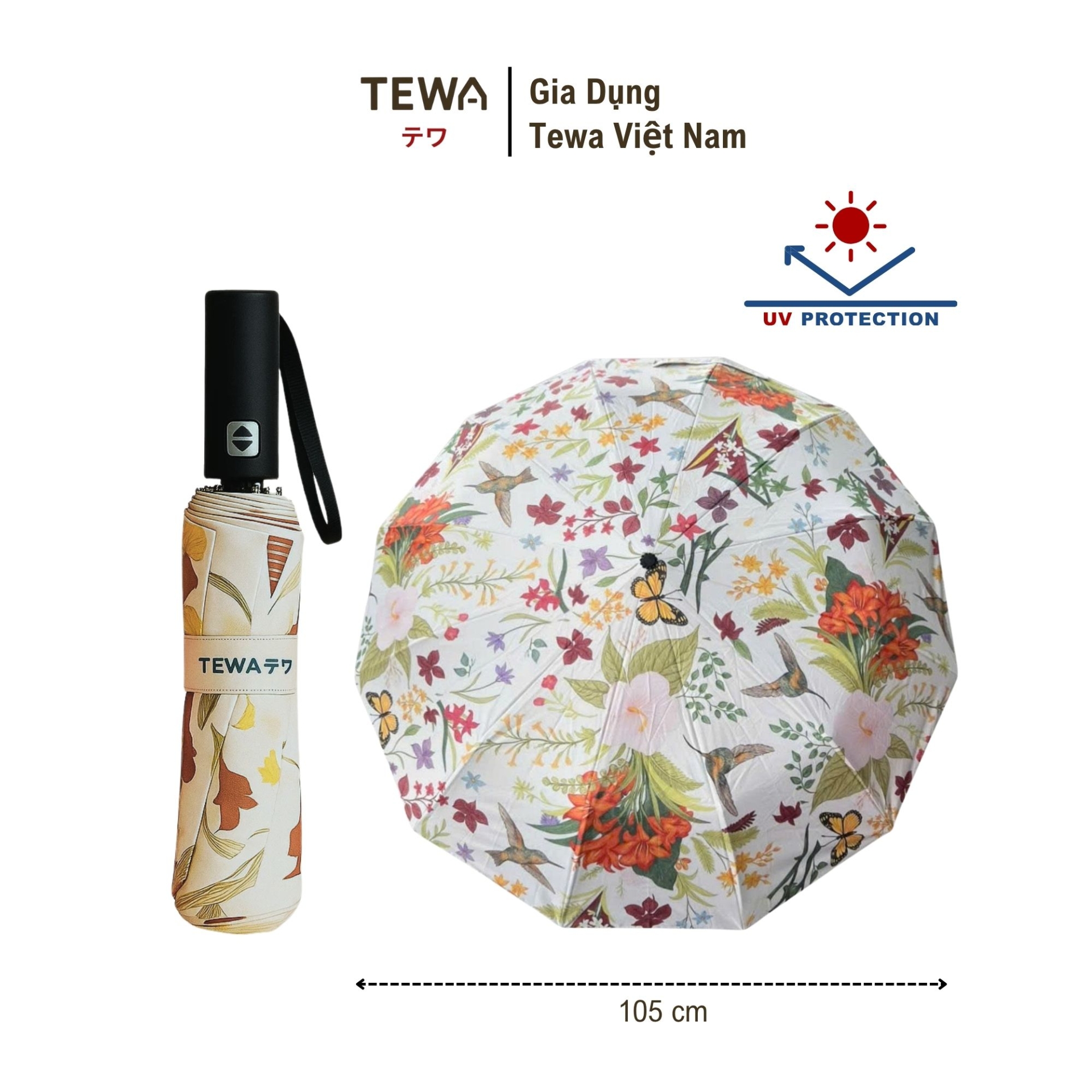 Ô họa tiết hoa 12 nan kép chống UV, chống thấm nước (Màu trắng hoa chim)