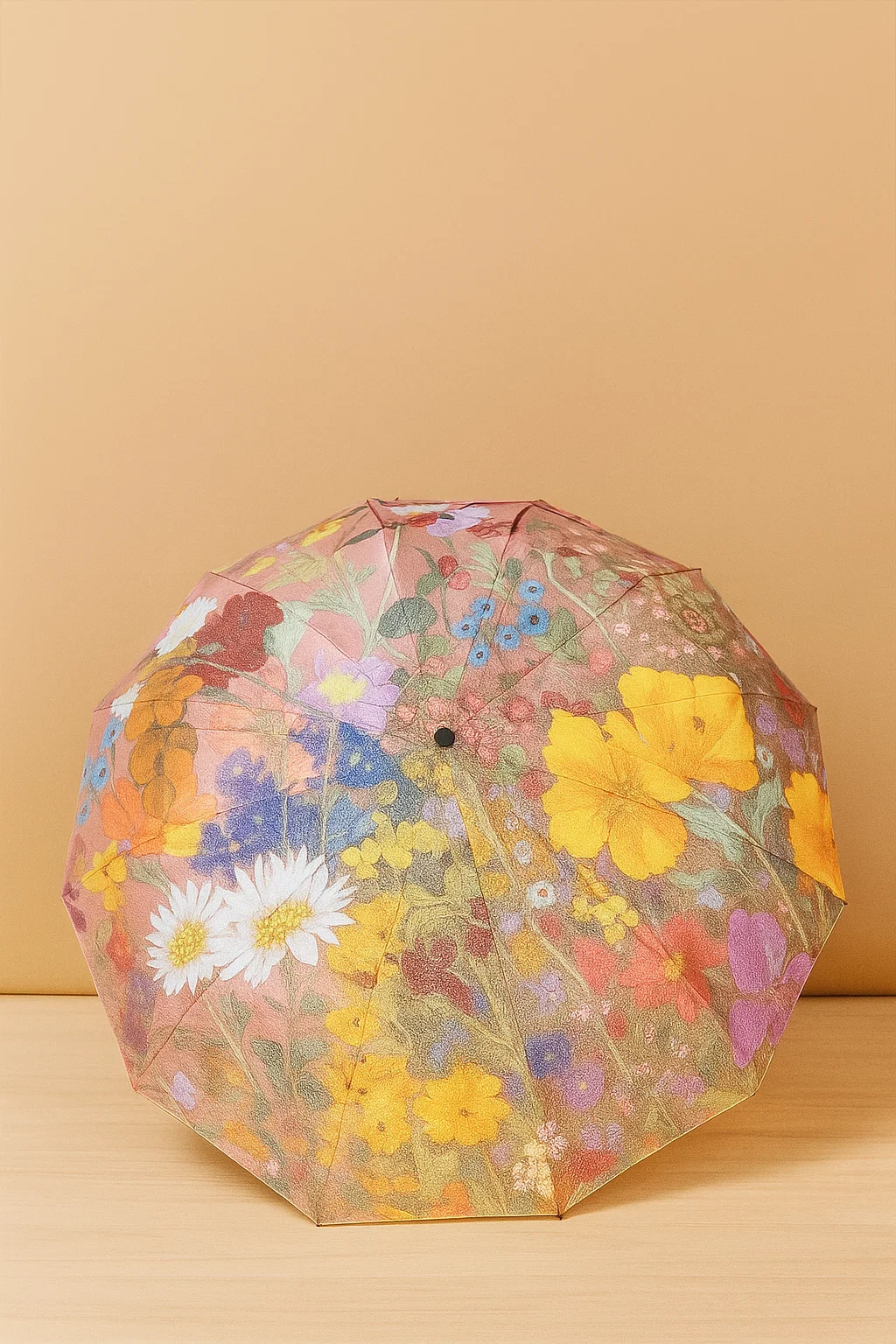 Ô họa tiết hoa 12 nan kép chống UV, chống thấm nước (Màu hoa nâu vàng)