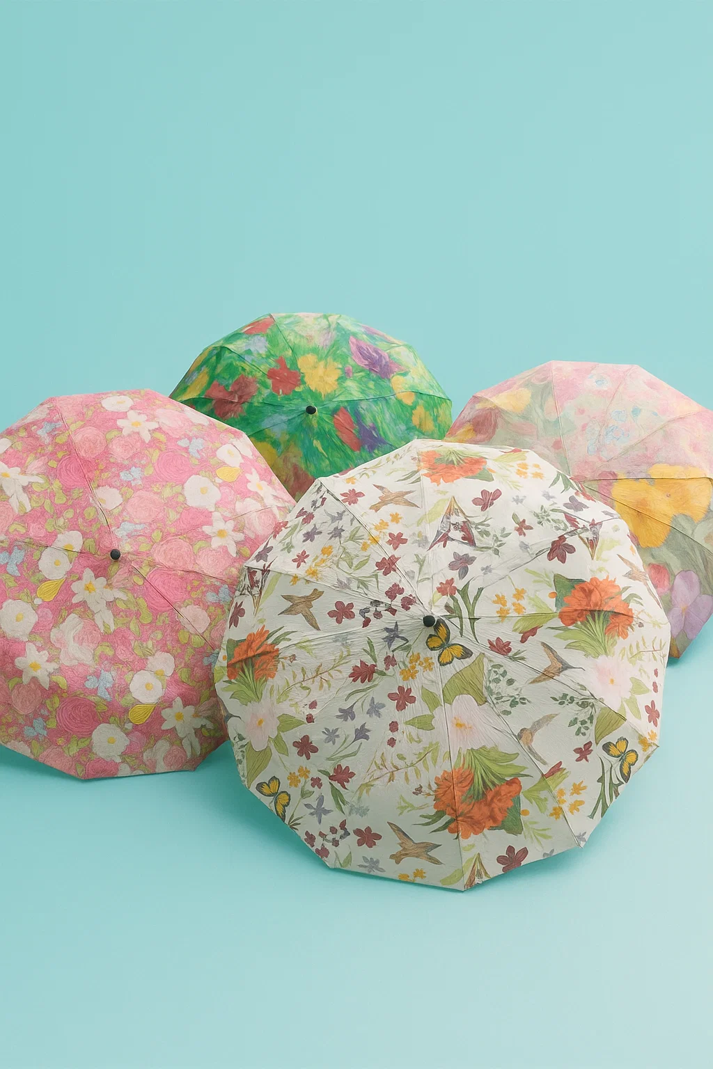 Ô họa tiết hoa 12 nan kép chống UV, chống thấm nước (Màu trắng hoa chim)