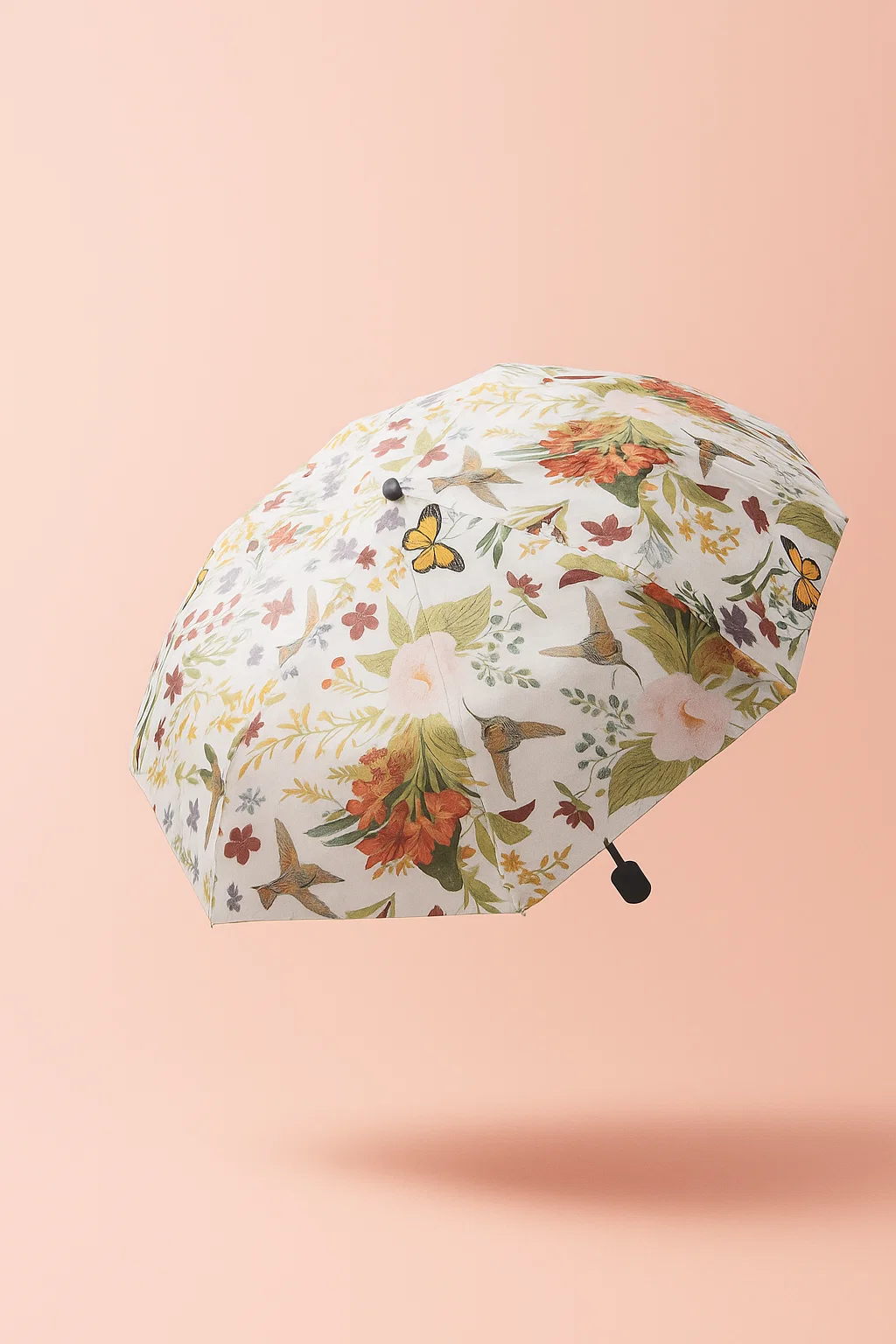 Ô họa tiết hoa 12 nan kép chống UV, chống thấm nước (Màu trắng hoa chim)