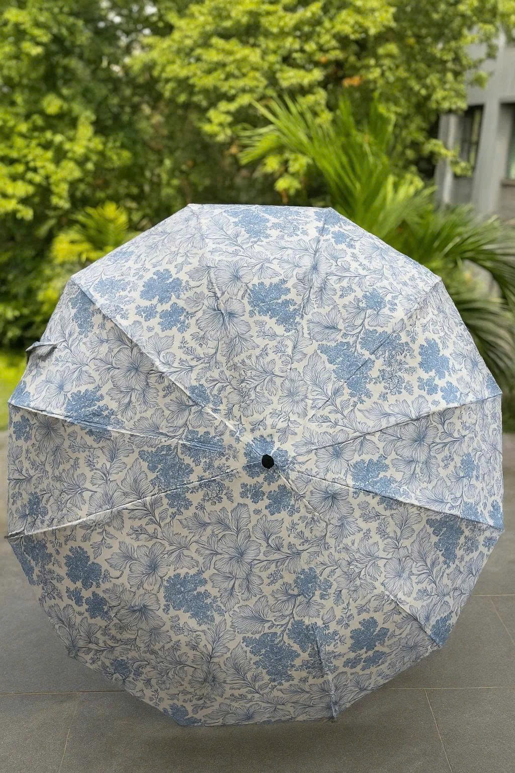 Ô họa tiết hoa 12 nan kép chống UV, chống thấm nước (Màu xanh dương)