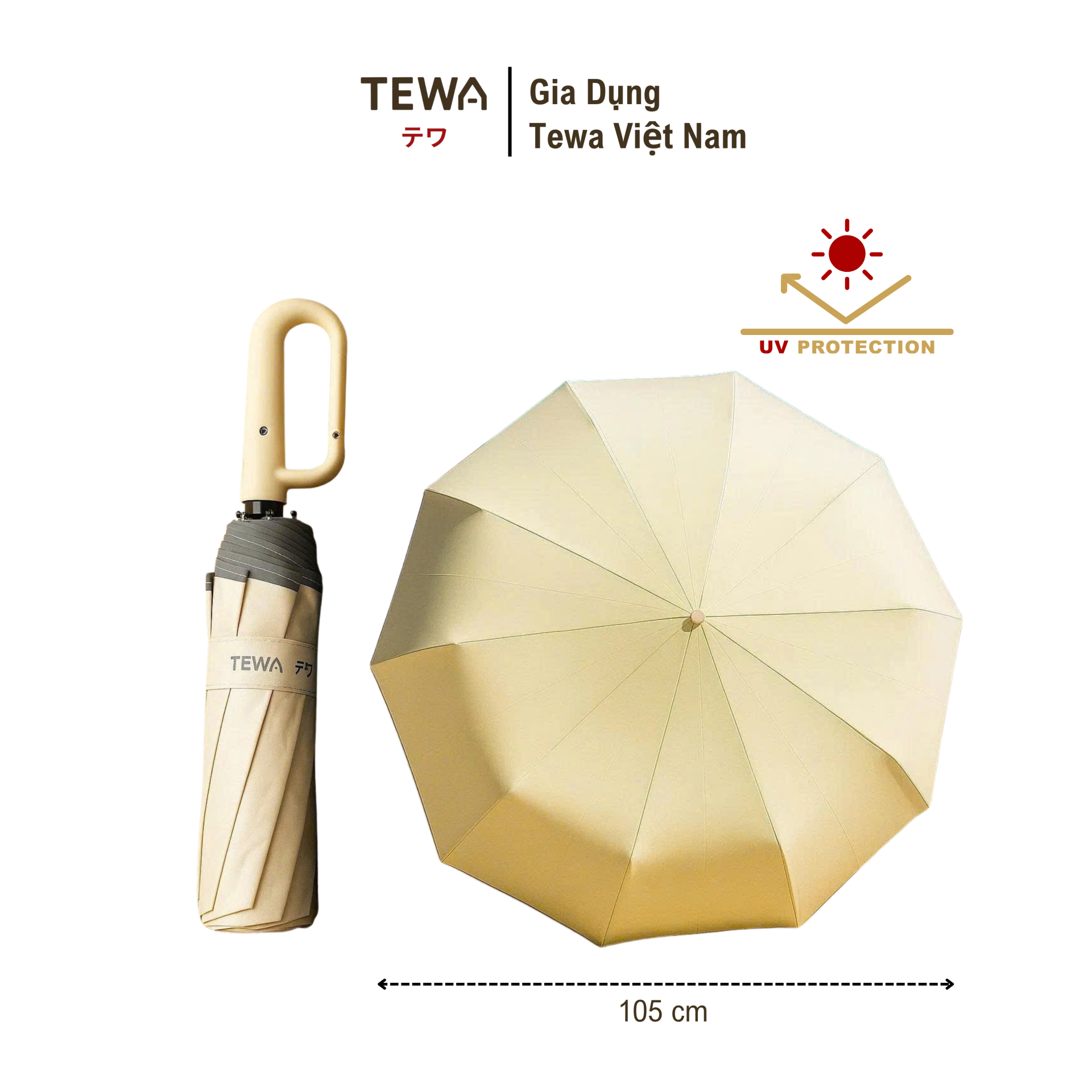 Ô màu trơn 10 nan kép chống UV có dải phản quang đi đêm (Màu kem)