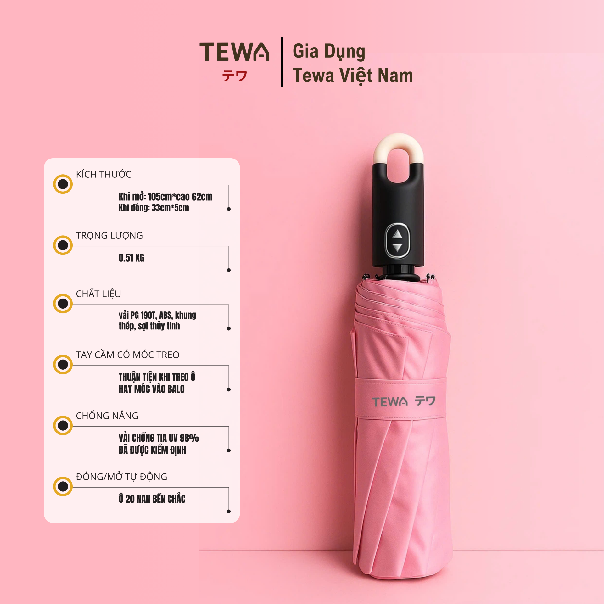 Ô trơn 20 nan chống UV, chống thấm nước (Màu hồng)