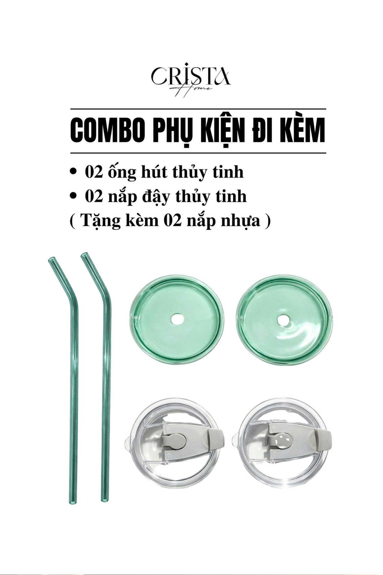 BỘ 2 CỐC THỦY TINH KÈM ỐNG HÚT - 5 Màu, 500ML CRISTA HOME