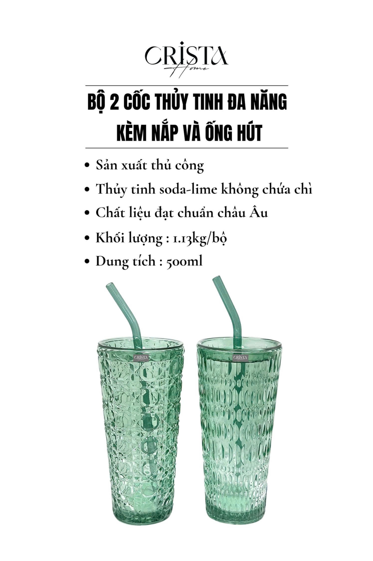 BỘ 2 CỐC THỦY TINH KÈM ỐNG HÚT - 5 Màu, 500ML CRISTA HOME